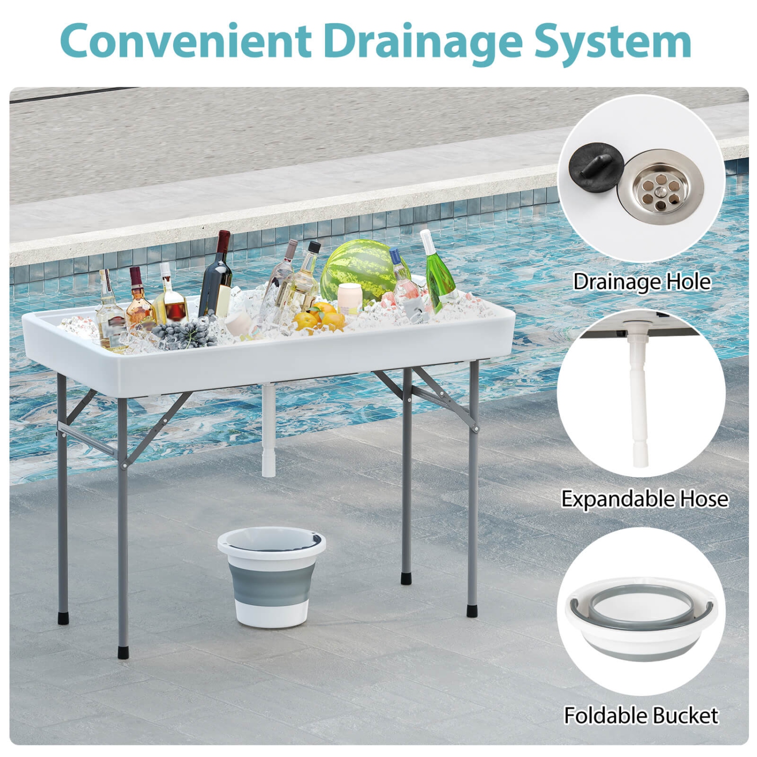 Costway 4 Foot Ice Cooler Folding Table Outdoor Portable Ice Bin Table with Large Sink