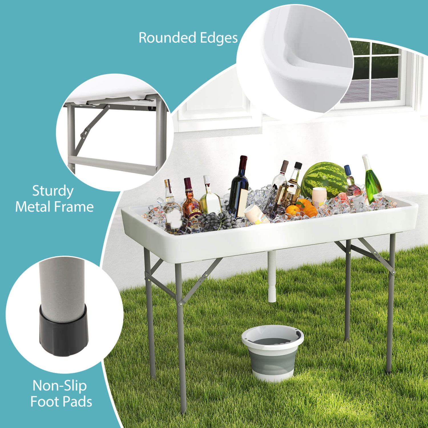 Costway 4 Foot Ice Cooler Folding Table Outdoor Portable Ice Bin Table with Large Sink