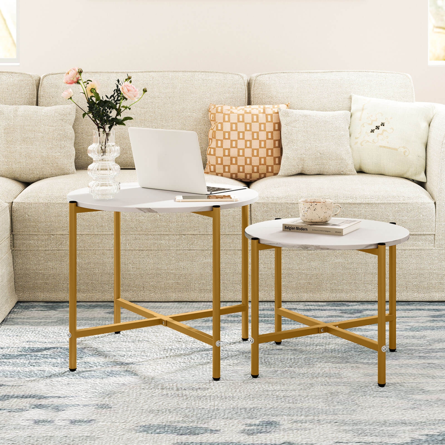 Costway Round Coffee Table Set of 2 21.5" & 25.5" Nesting Coffee Tables Circle End Table Brown/White