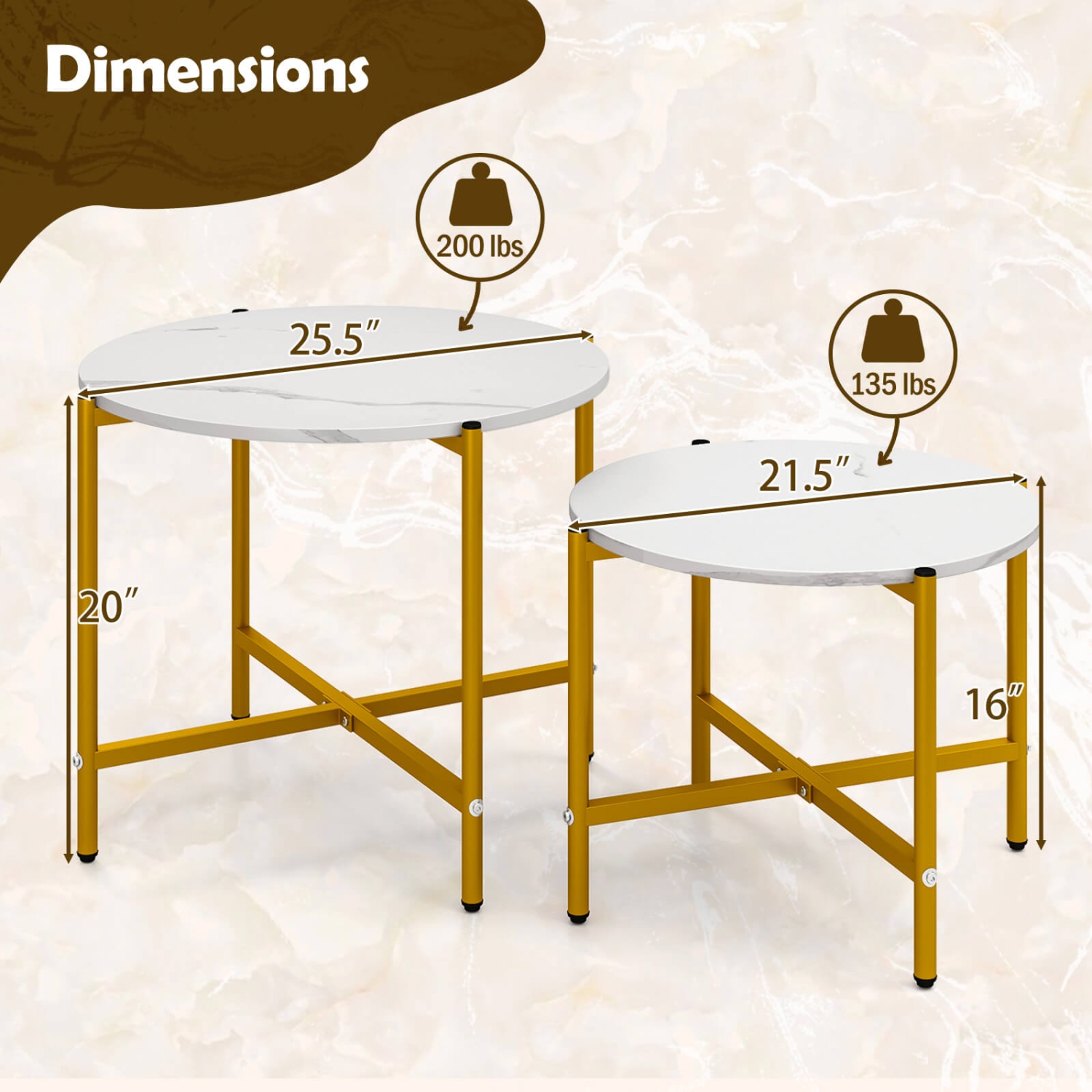 Costway Round Coffee Table Set of 2 21.5" & 25.5" Nesting Coffee Tables Circle End Table Brown/White