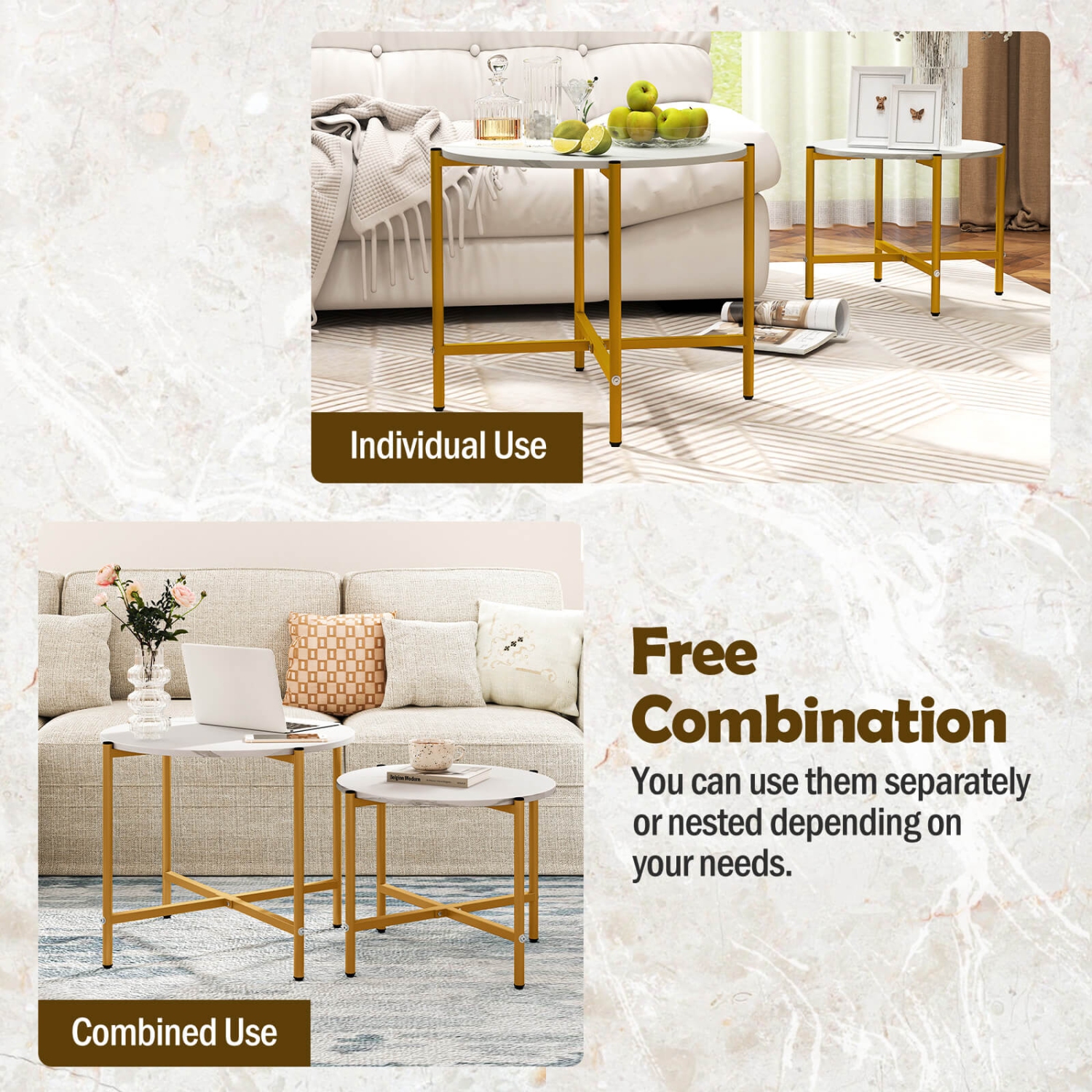 Costway Round Coffee Table Set of 2 21.5" & 25.5" Nesting Coffee Tables Circle End Table Brown/White