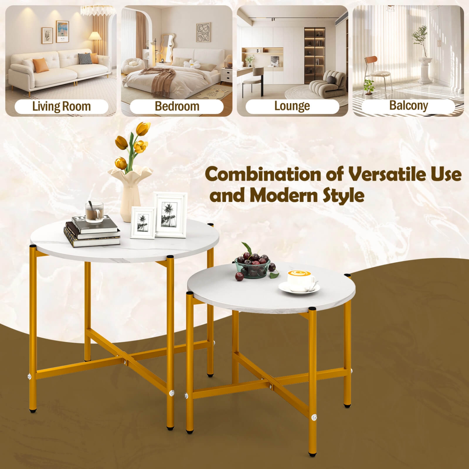 Costway Round Coffee Table Set of 2 21.5" & 25.5" Nesting Coffee Tables Circle End Table Brown/White