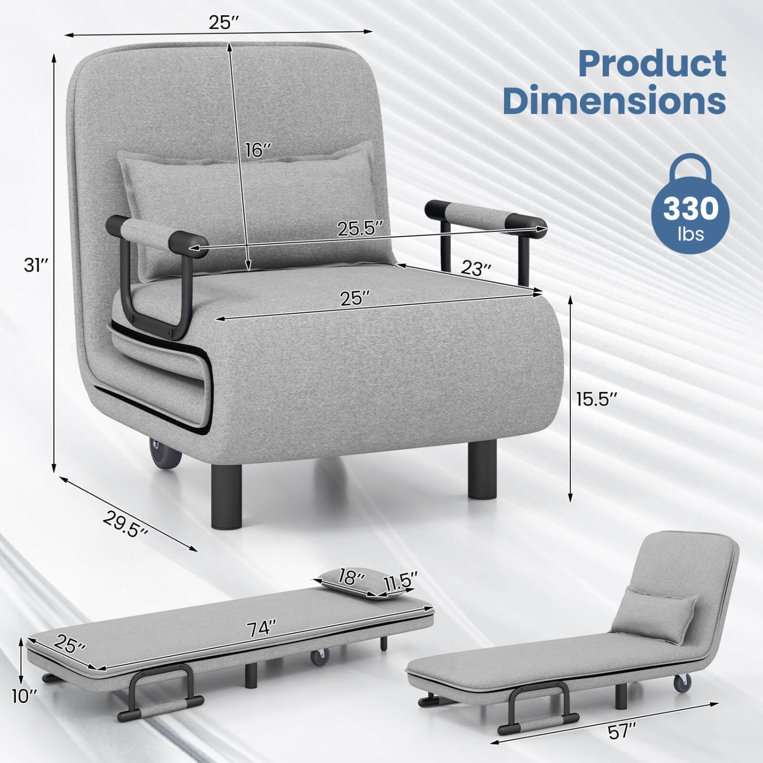 Costway 3-in-1 Convertible Sofa Bed with 5-Position Adjustable Backrest & Lumbar Pillow Dark Gray