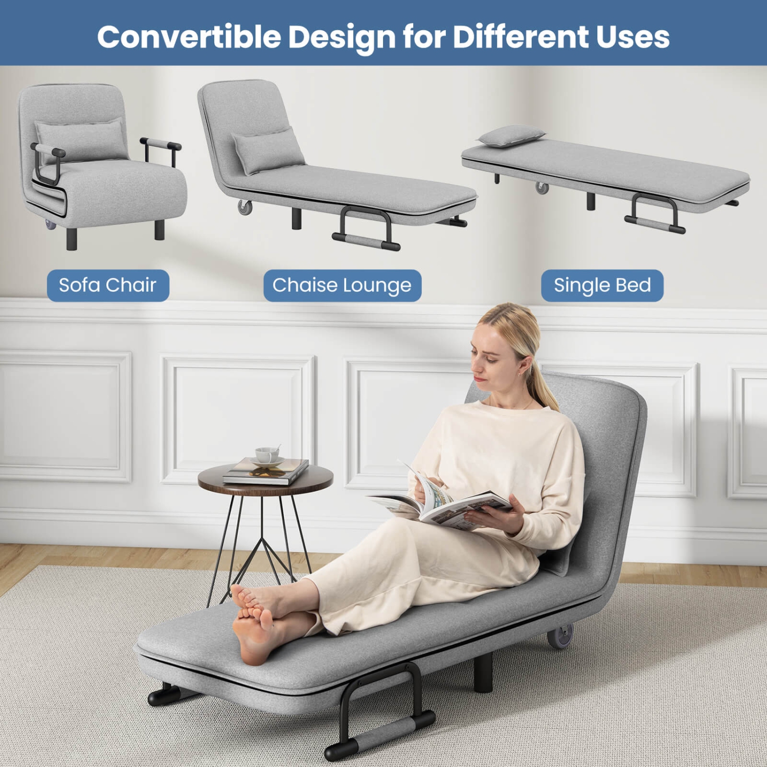 Costway 3-in-1 Convertible Sofa Bed with 5-Position Adjustable Backrest & Lumbar Pillow Dark Gray