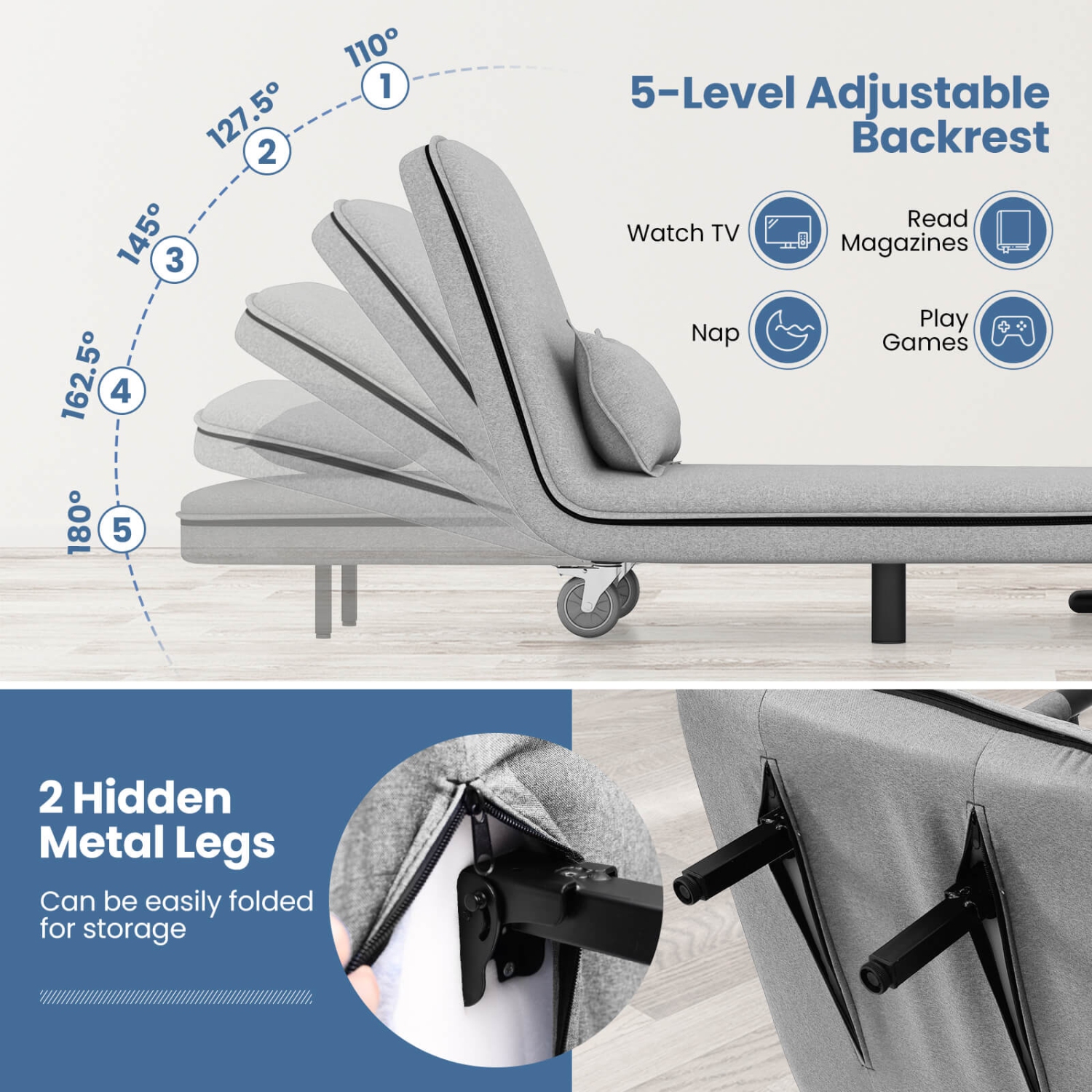 Costway 3-in-1 Convertible Sofa Bed with 5-Position Adjustable Backrest & Lumbar Pillow Dark Gray