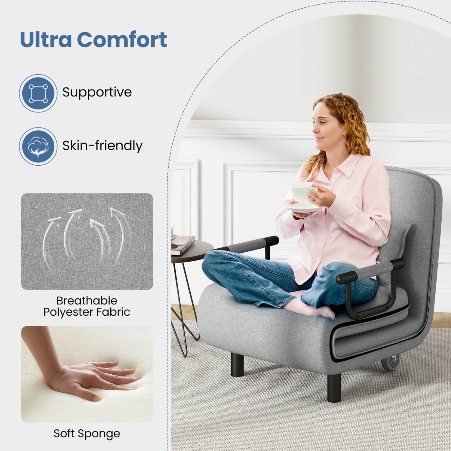 Costway 3-in-1 Convertible Sofa Bed with 5-Position Adjustable Backrest & Lumbar Pillow Dark Gray