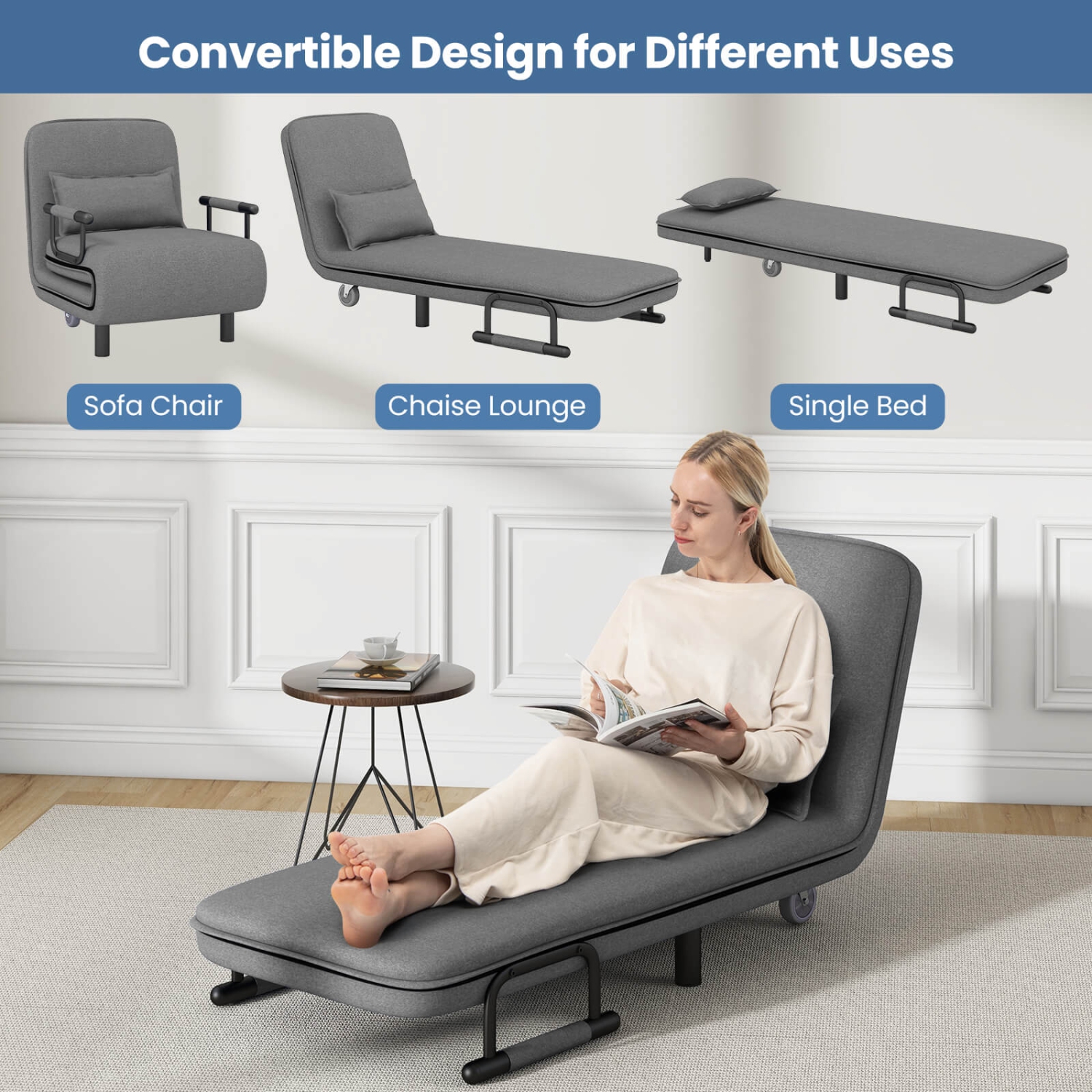 Costway 3-in-1 Convertible Sofa Bed with 5-Position Adjustable Backrest & Lumbar Pillow Dark Gray