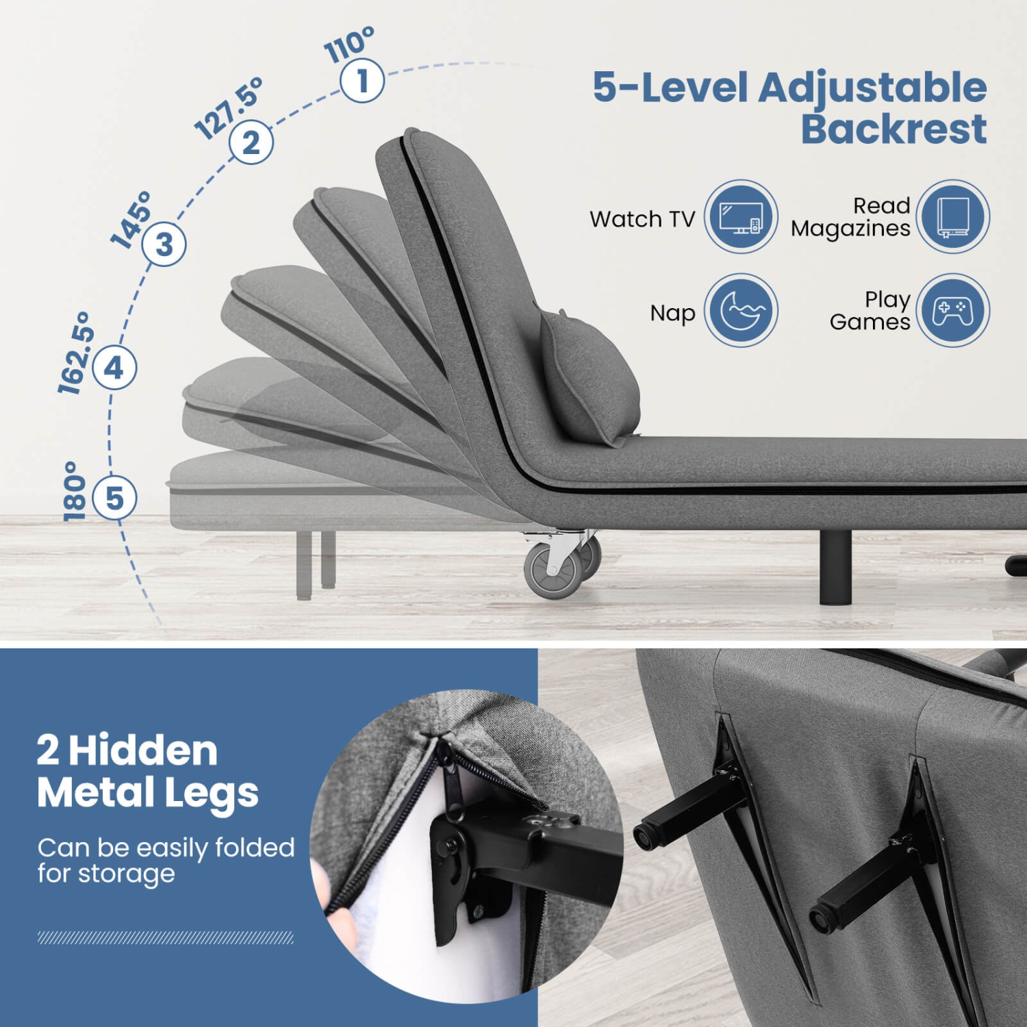 Costway 3-in-1 Convertible Sofa Bed with 5-Position Adjustable Backrest & Lumbar Pillow Dark Gray