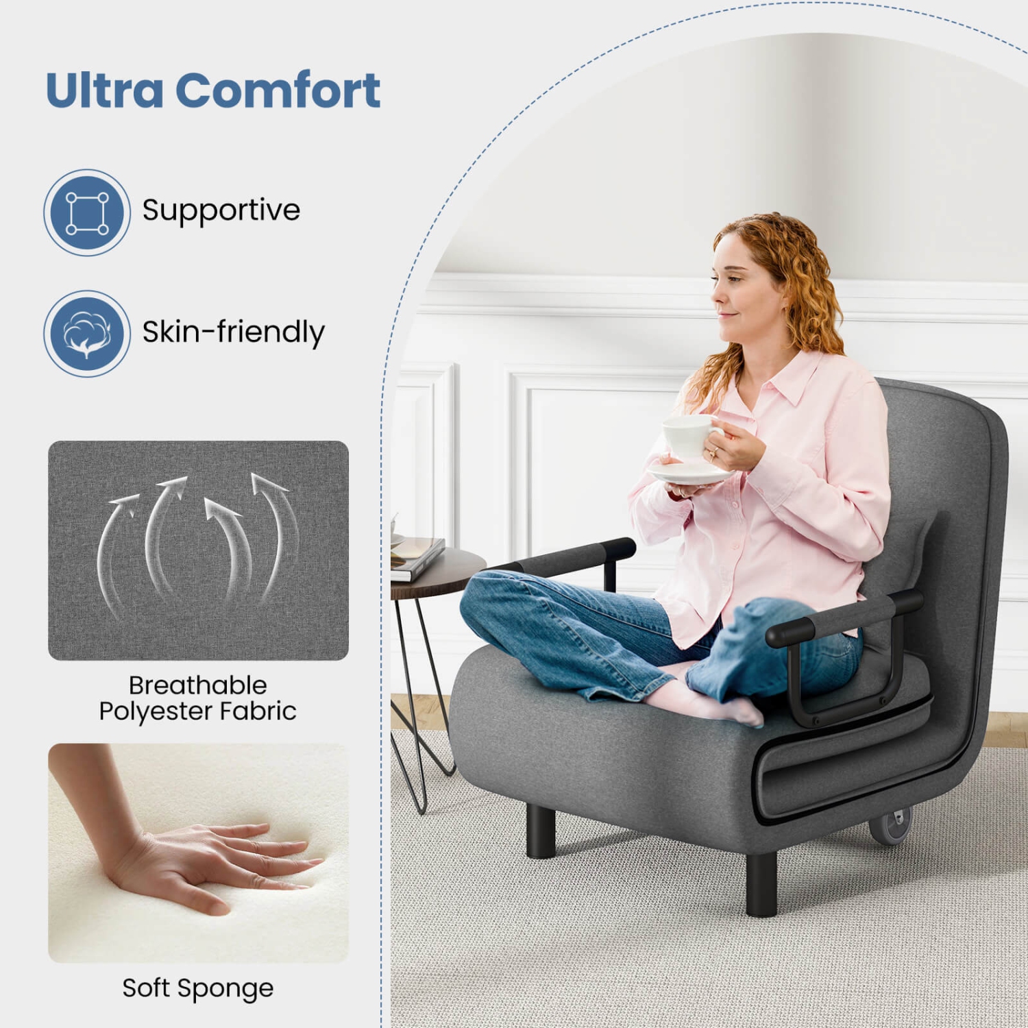 Costway 3-in-1 Convertible Sofa Bed with 5-Position Adjustable Backrest & Lumbar Pillow Dark Gray