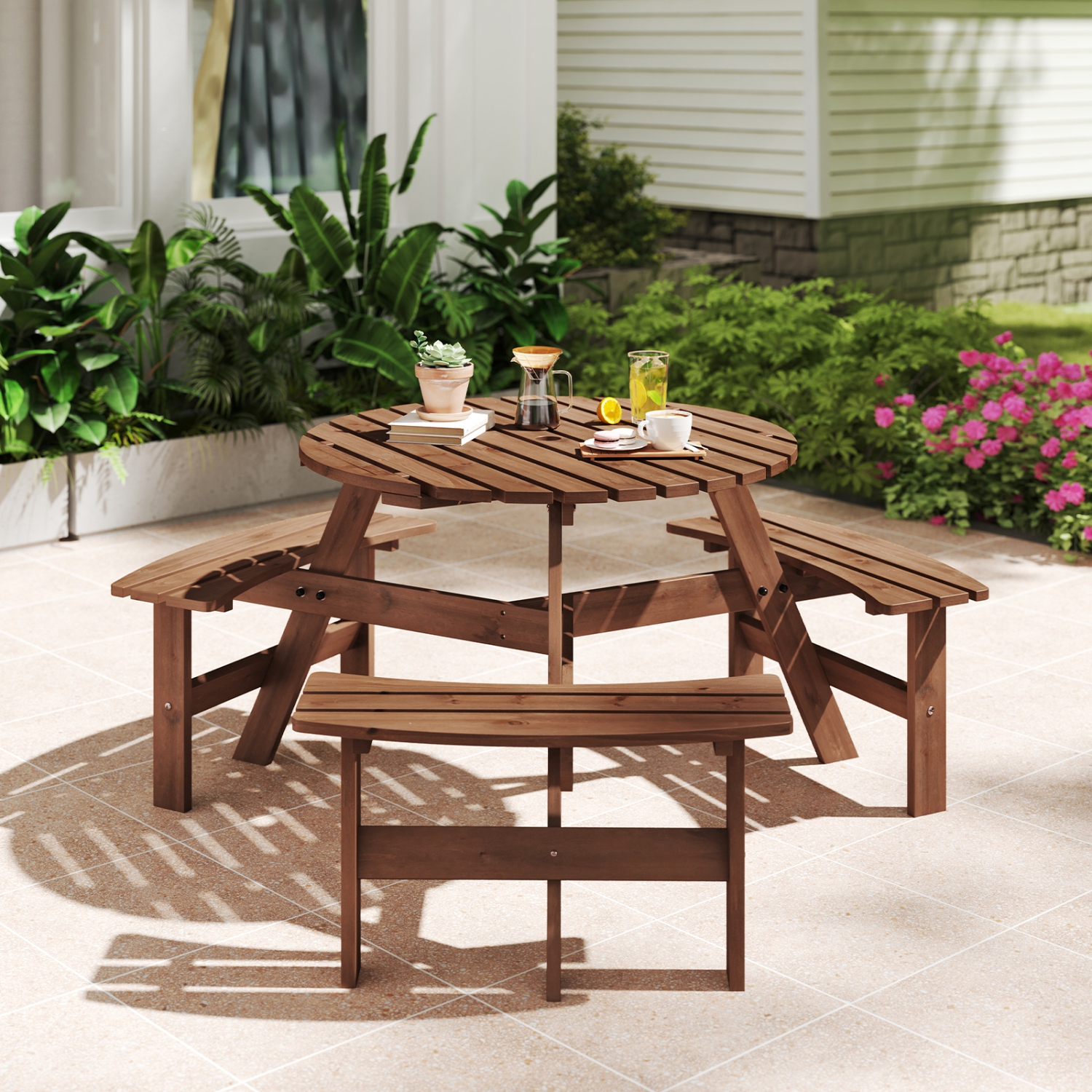 Costway 6-Person Round Picnic Table Set with 3 Built-in Benches 2" Umbrella Hole, Brown/Yellow