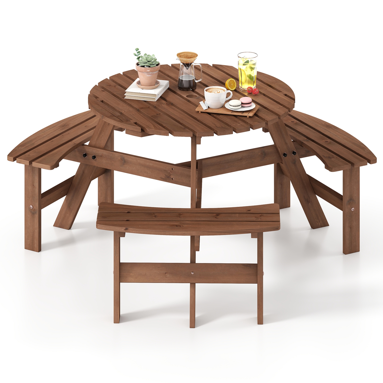 Costway 6-Person Round Picnic Table Set with 3 Built-in Benches 2" Umbrella Hole, Brown/Yellow