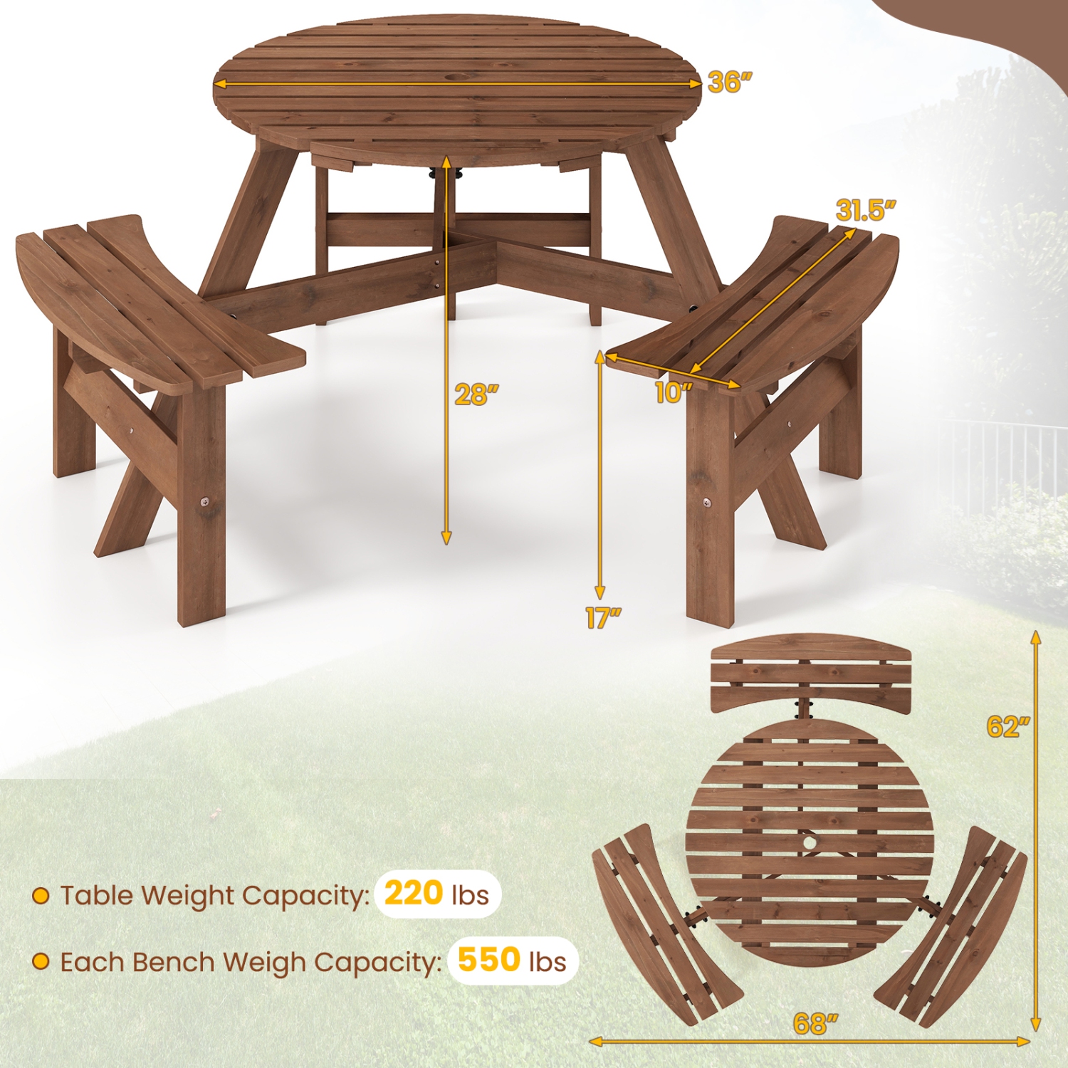 Costway 6-Person Round Picnic Table Set with 3 Built-in Benches 2" Umbrella Hole, Brown/Yellow
