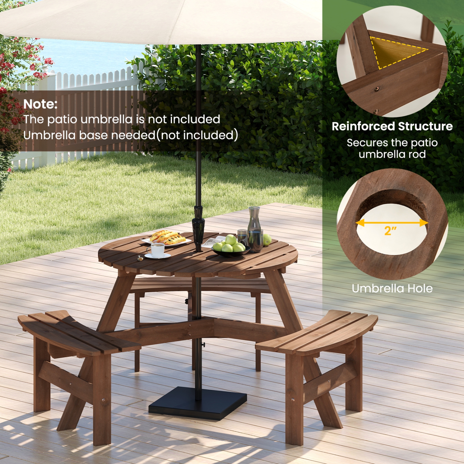 Costway 6-Person Round Picnic Table Set with 3 Built-in Benches 2" Umbrella Hole, Brown/Yellow