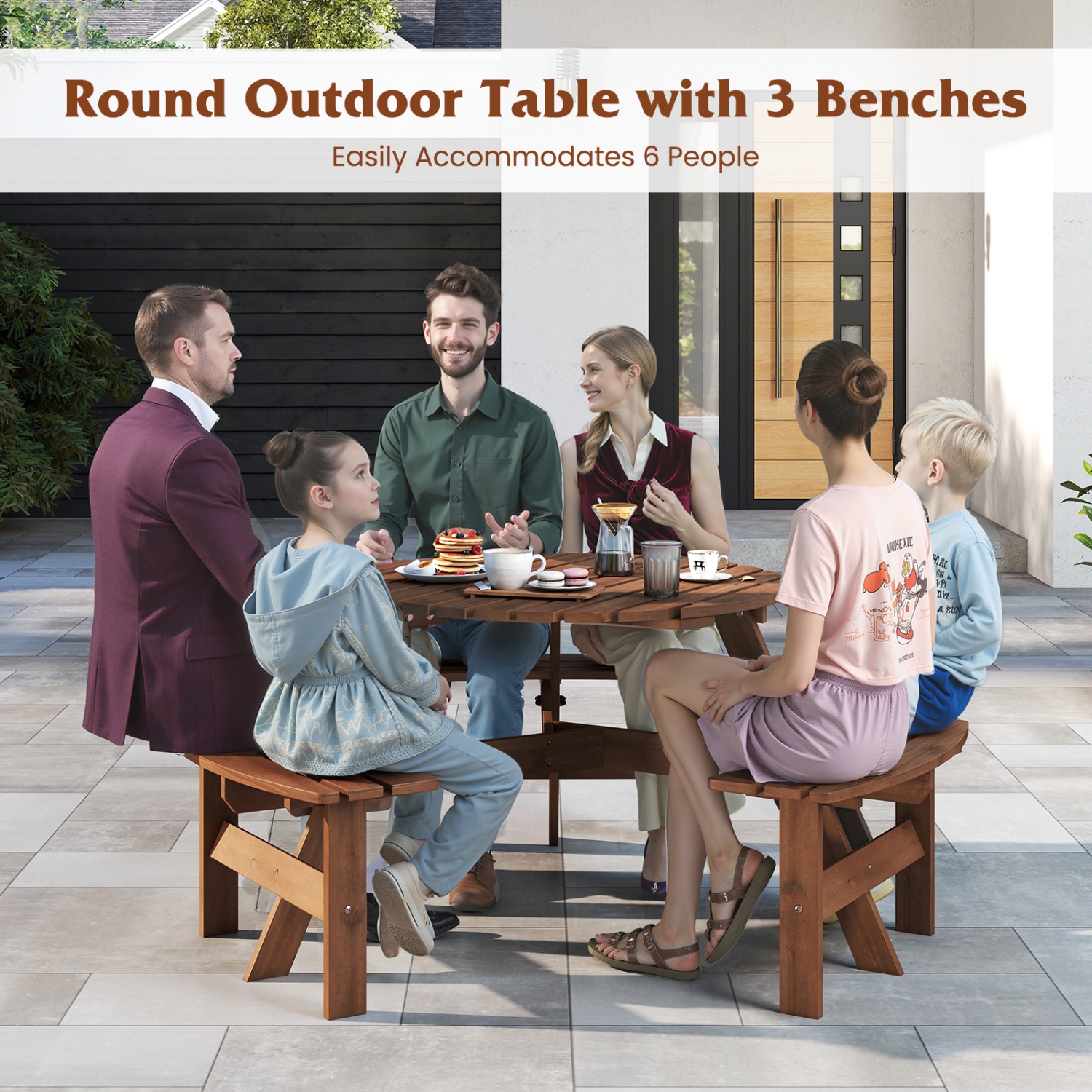 Costway 6-Person Round Picnic Table Set with 3 Built-in Benches 2" Umbrella Hole, Brown/Yellow