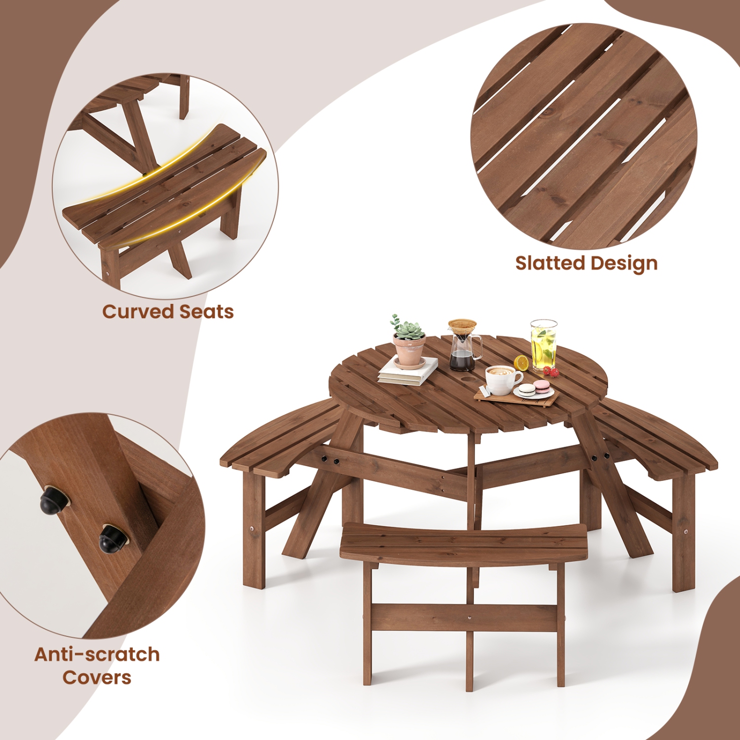 Costway 6-Person Round Picnic Table Set with 3 Built-in Benches 2" Umbrella Hole, Brown/Yellow