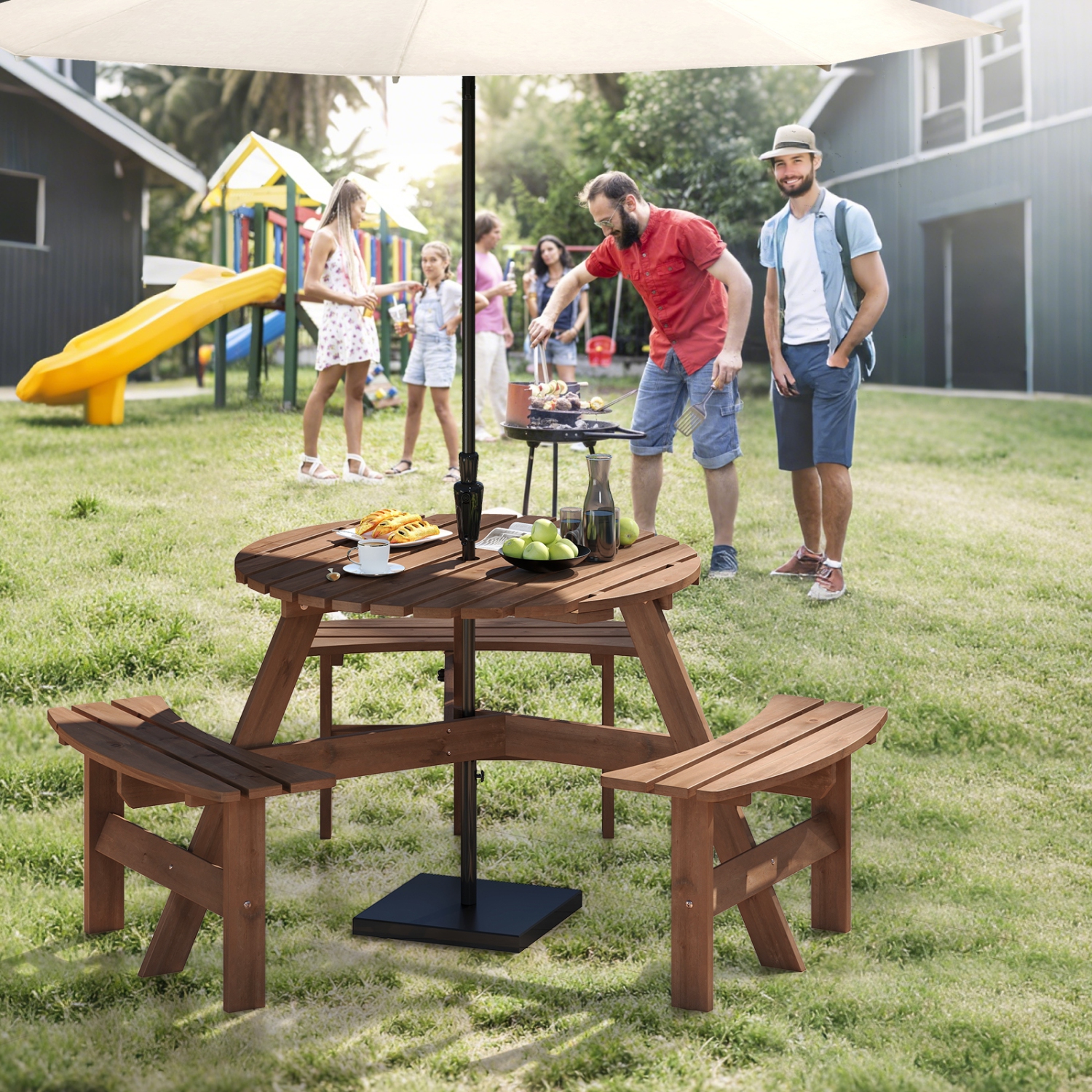 Costway 6-Person Round Picnic Table Set with 3 Built-in Benches 2" Umbrella Hole, Brown/Yellow