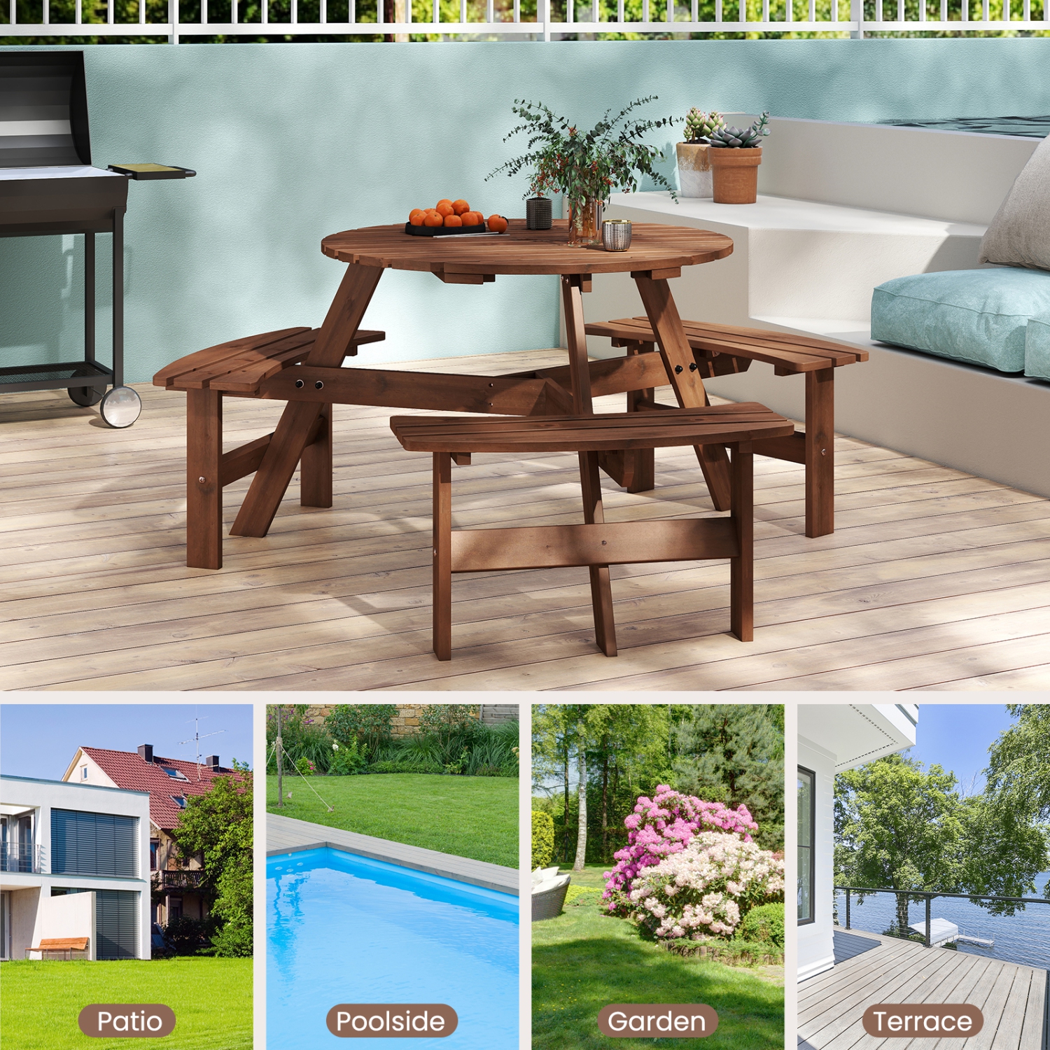 Costway 6-Person Round Picnic Table Set with 3 Built-in Benches 2" Umbrella Hole, Brown/Yellow