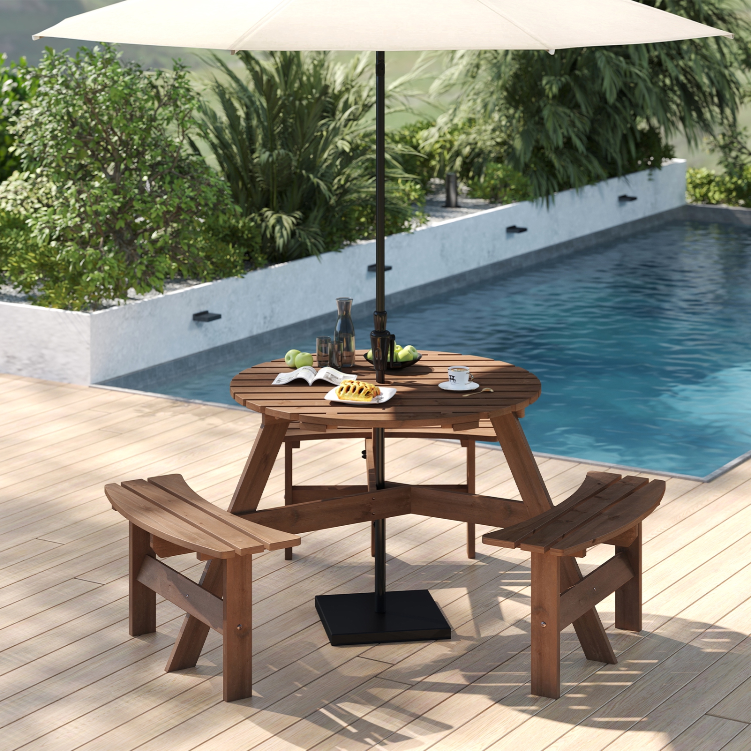 Costway 6-Person Round Picnic Table Set with 3 Built-in Benches 2" Umbrella Hole, Brown/Yellow