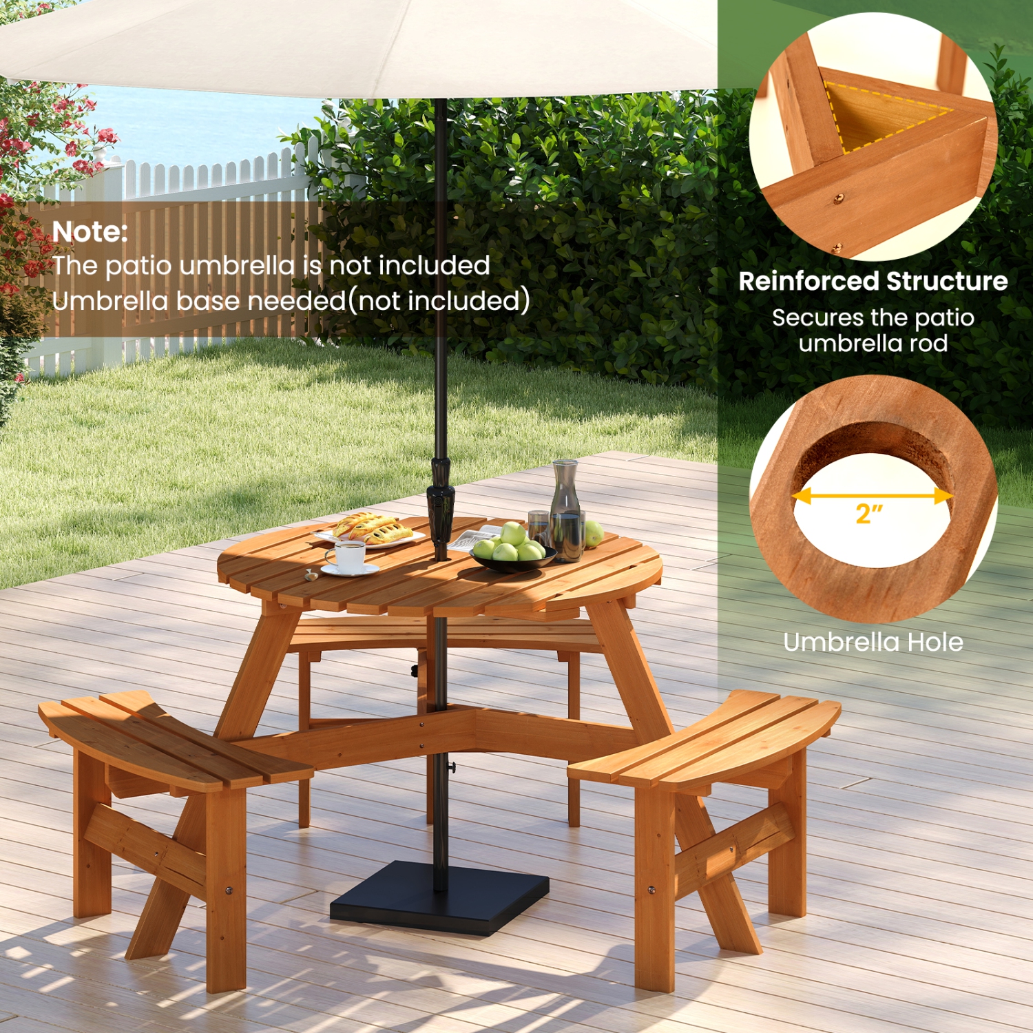Ensemble avec table de pique-nique ronde pour 6&nbsp;personnes de Costway avec 3 bancs intégrés, trou pour parasol de 2&nbsp;po, brun/jaune
