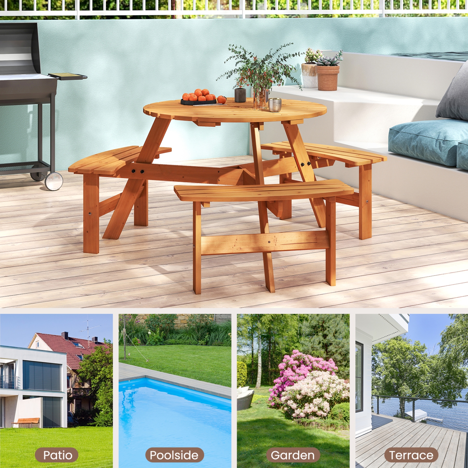 Ensemble avec table de pique-nique ronde pour 6&nbsp;personnes de Costway avec 3 bancs intégrés, trou pour parasol de 2&nbsp;po, brun/jaune