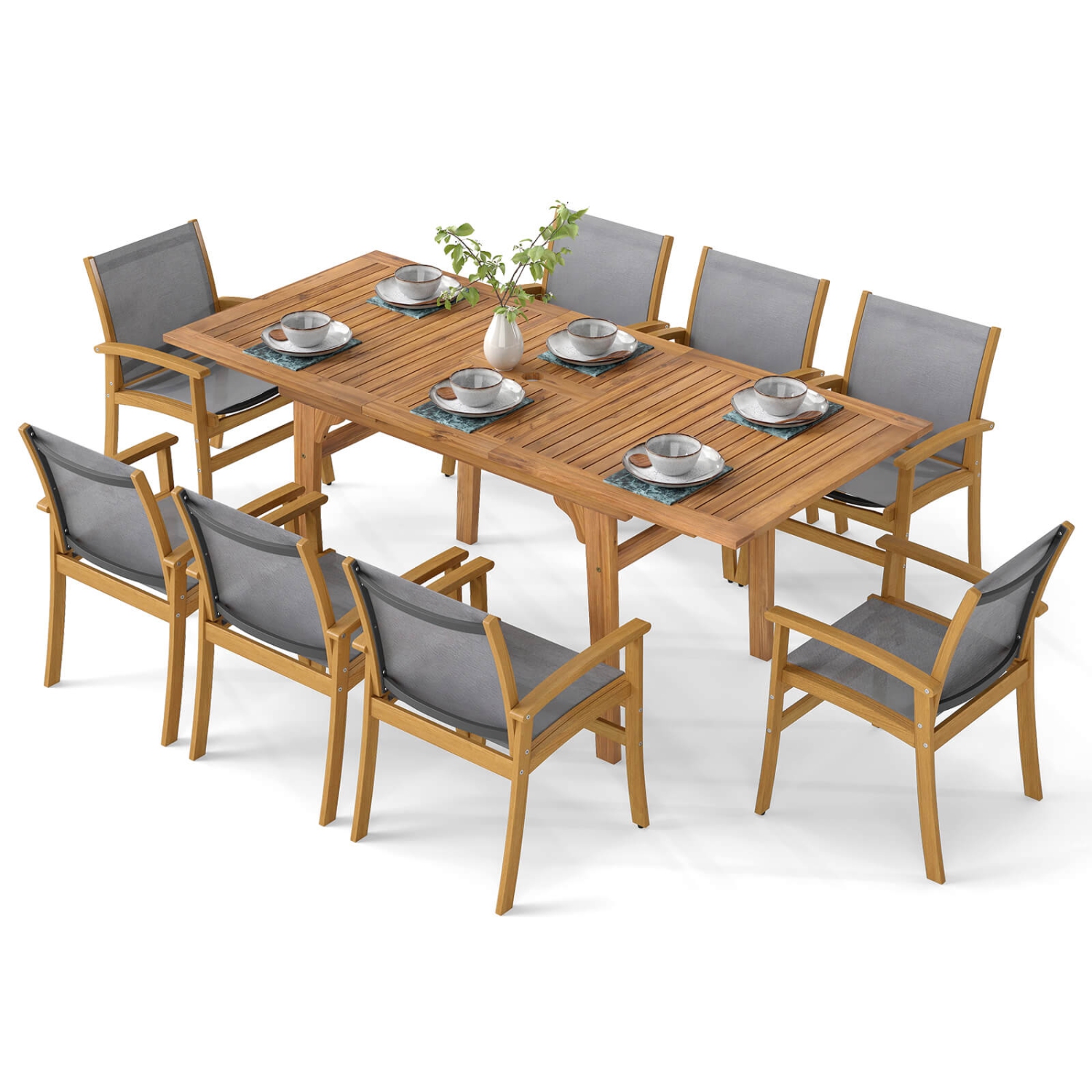 Costway 9 PCS Acacia Wood Outdoor Dining Set for 6-8 with 1.97" Umbrella Hole