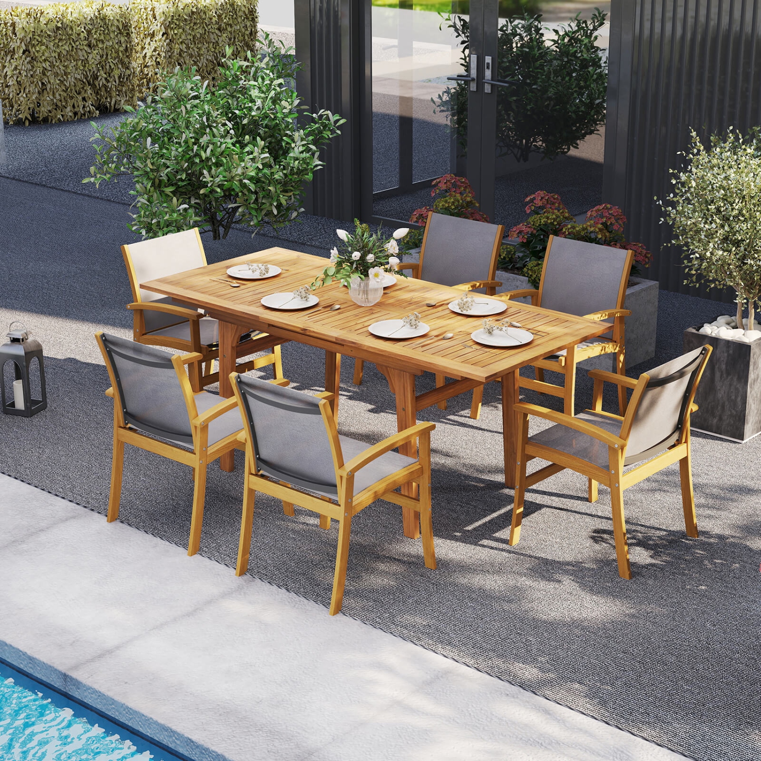 Costway 9 PCS Acacia Wood Outdoor Dining Set for 6-8 with 1.97" Umbrella Hole