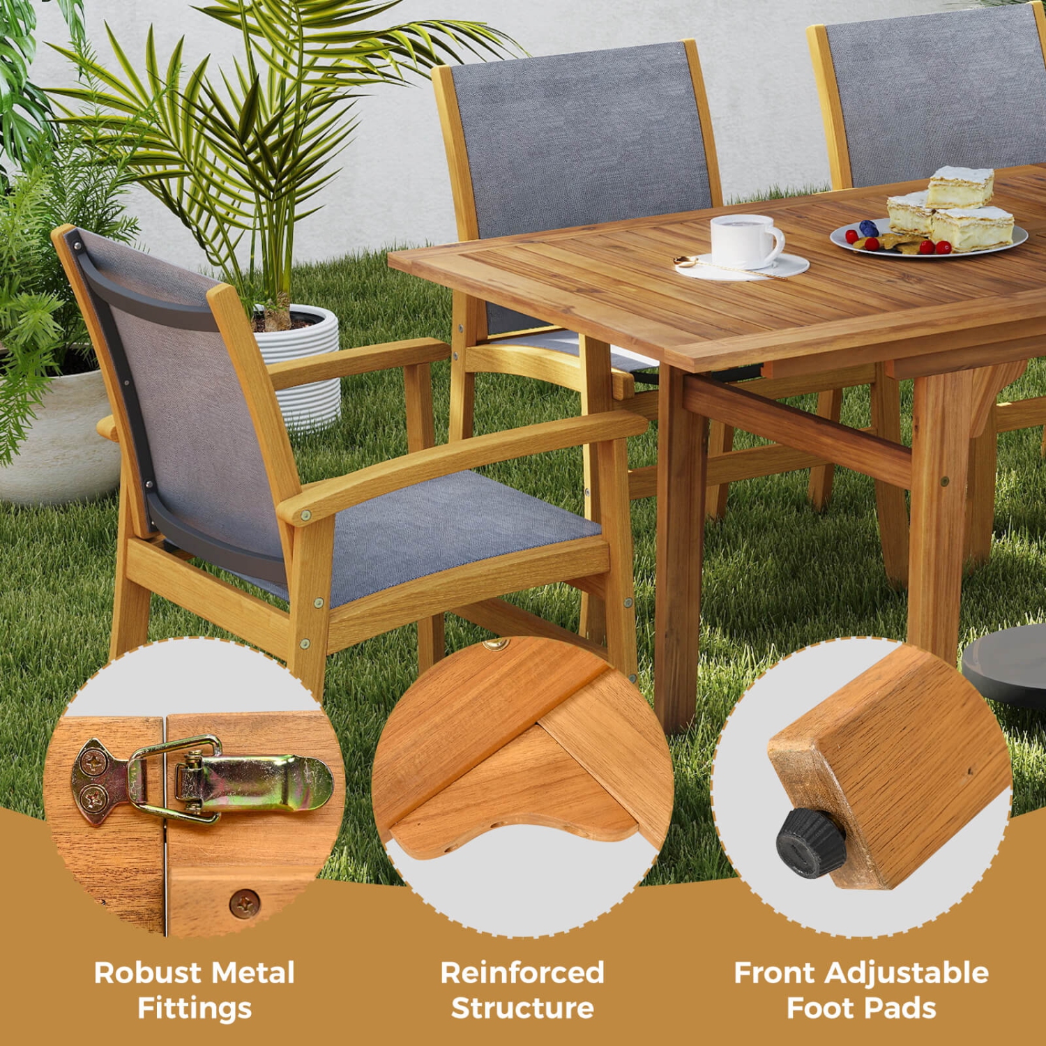 Costway 9 PCS Acacia Wood Outdoor Dining Set for 6-8 with 1.97" Umbrella Hole