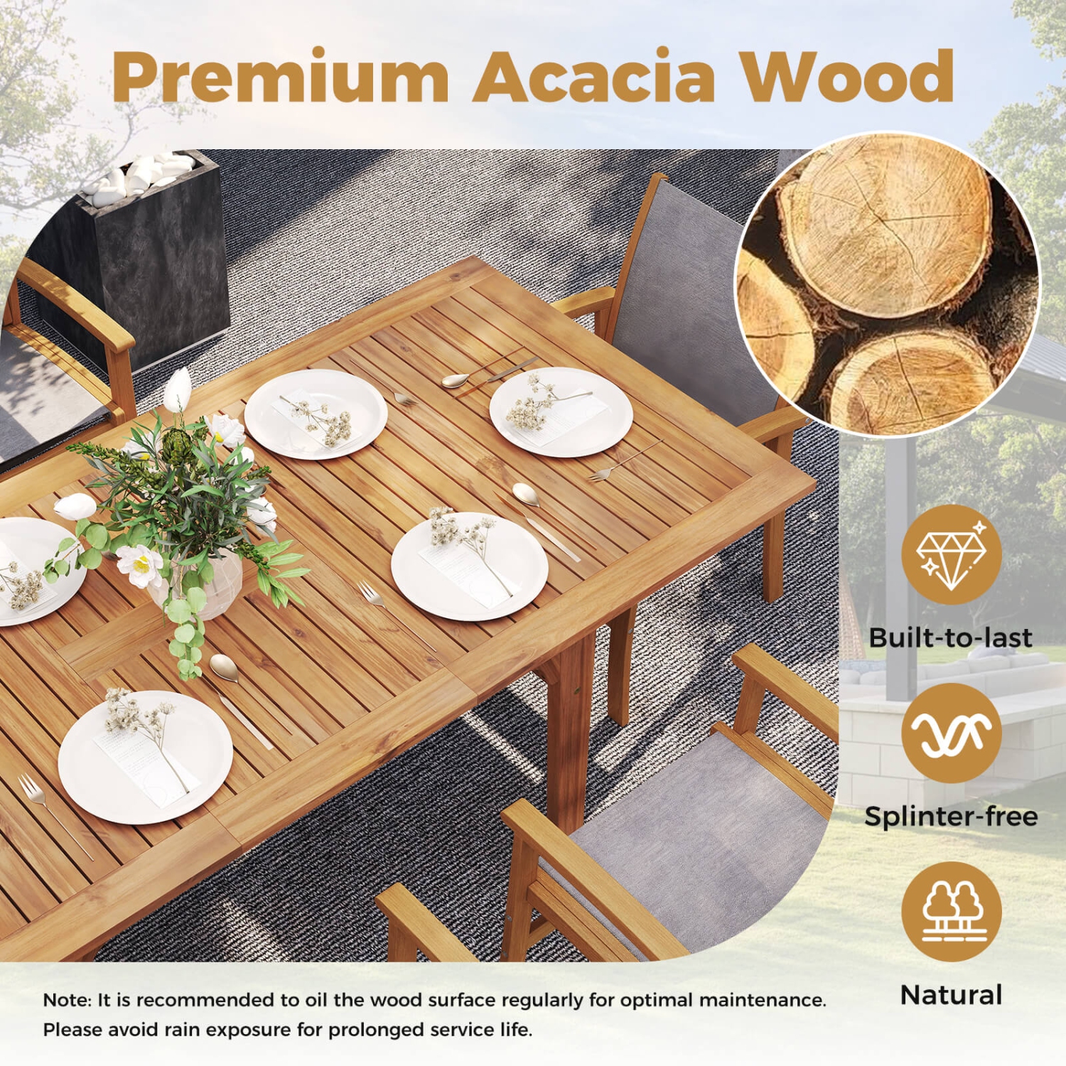 Costway 9 PCS Acacia Wood Outdoor Dining Set for 6-8 with 1.97" Umbrella Hole
