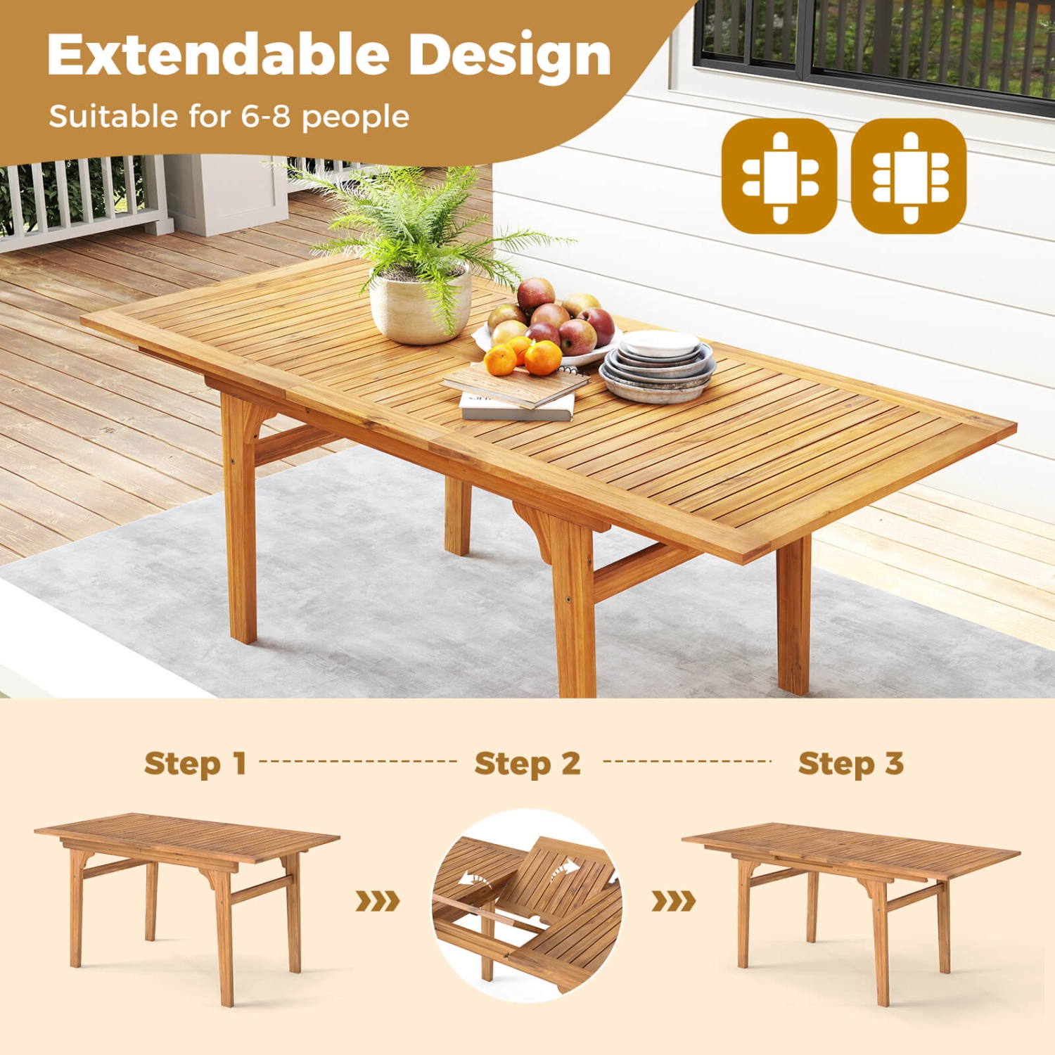 Costway 9 PCS Acacia Wood Outdoor Dining Set for 6-8 with 1.97" Umbrella Hole