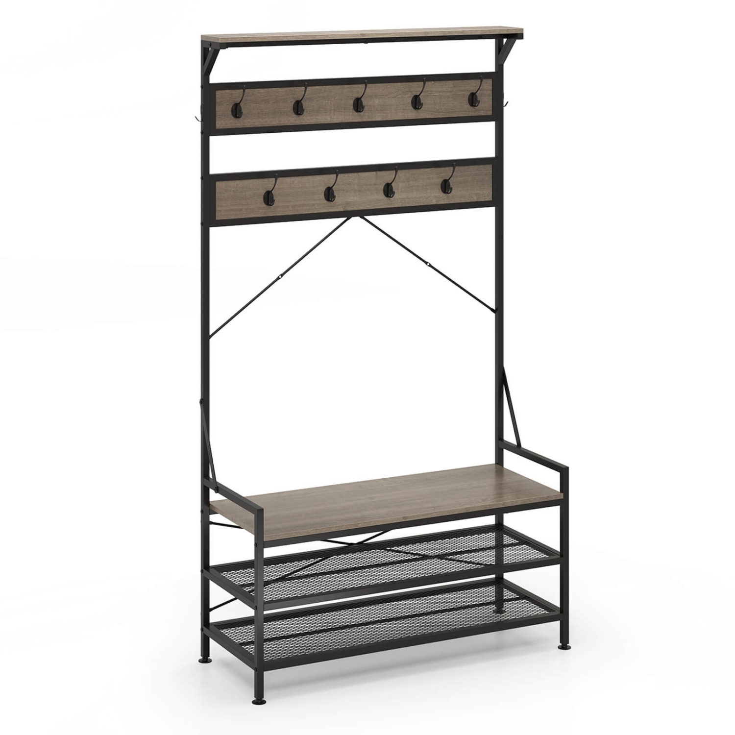 Portemanteau 4-en-1 de Costway avec 11 crochets, banc à chaussures, support à chaussures à 2 niveaux gris/brun