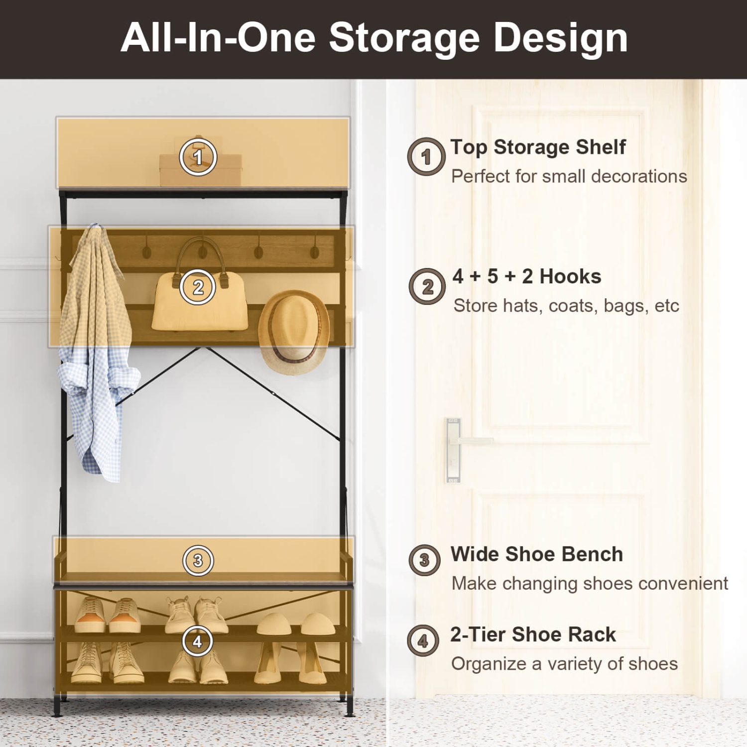 Portemanteau 4-en-1 de Costway avec 11 crochets, banc à chaussures, support à chaussures à 2 niveaux gris/brun