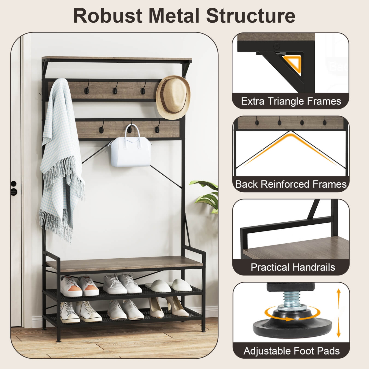 Portemanteau 4-en-1 de Costway avec 11 crochets, banc à chaussures, support à chaussures à 2 niveaux gris/brun