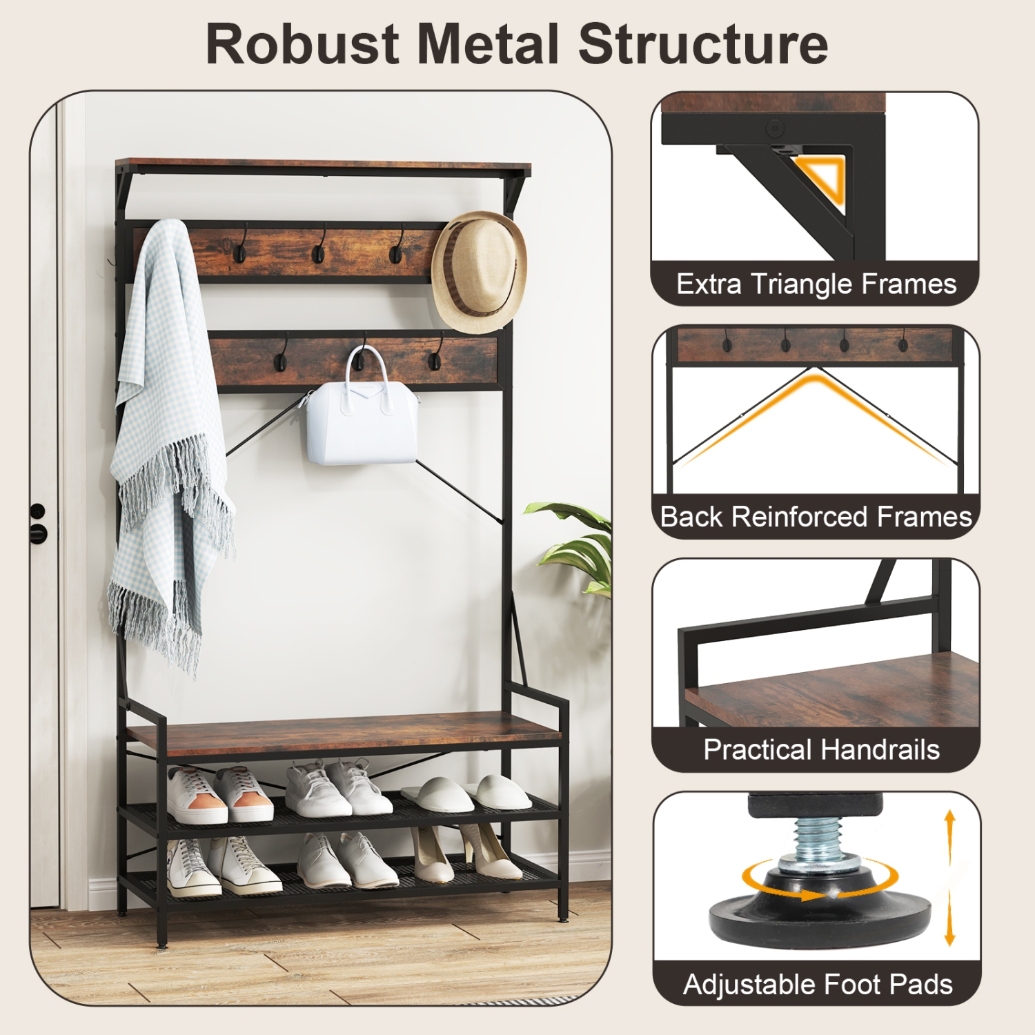 Portemanteau 4-en-1 de Costway avec 11 crochets, banc à chaussures, support à chaussures à 2 niveaux gris/brun