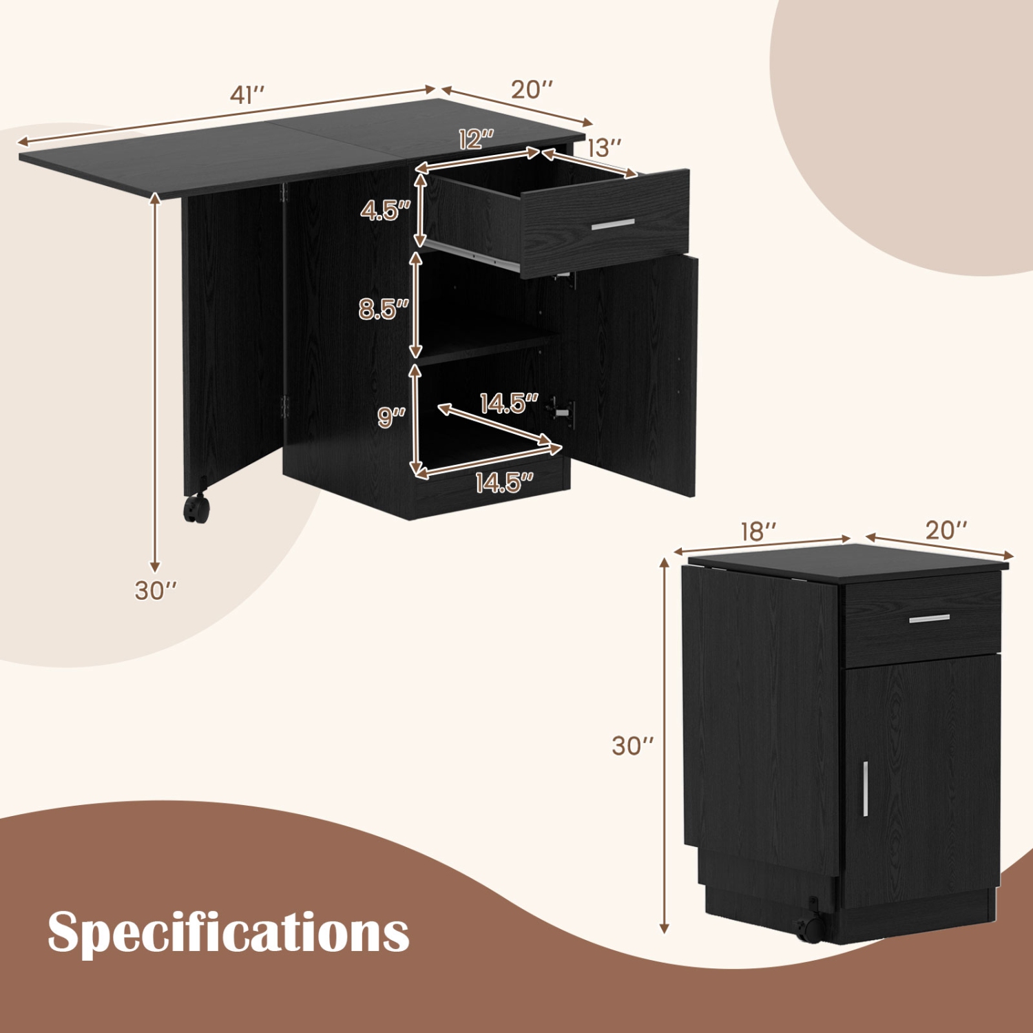 Costway Folding Computer Desk with Drawer Cabinet & Adjustable Shelf Wheel for Living Room, Black/White