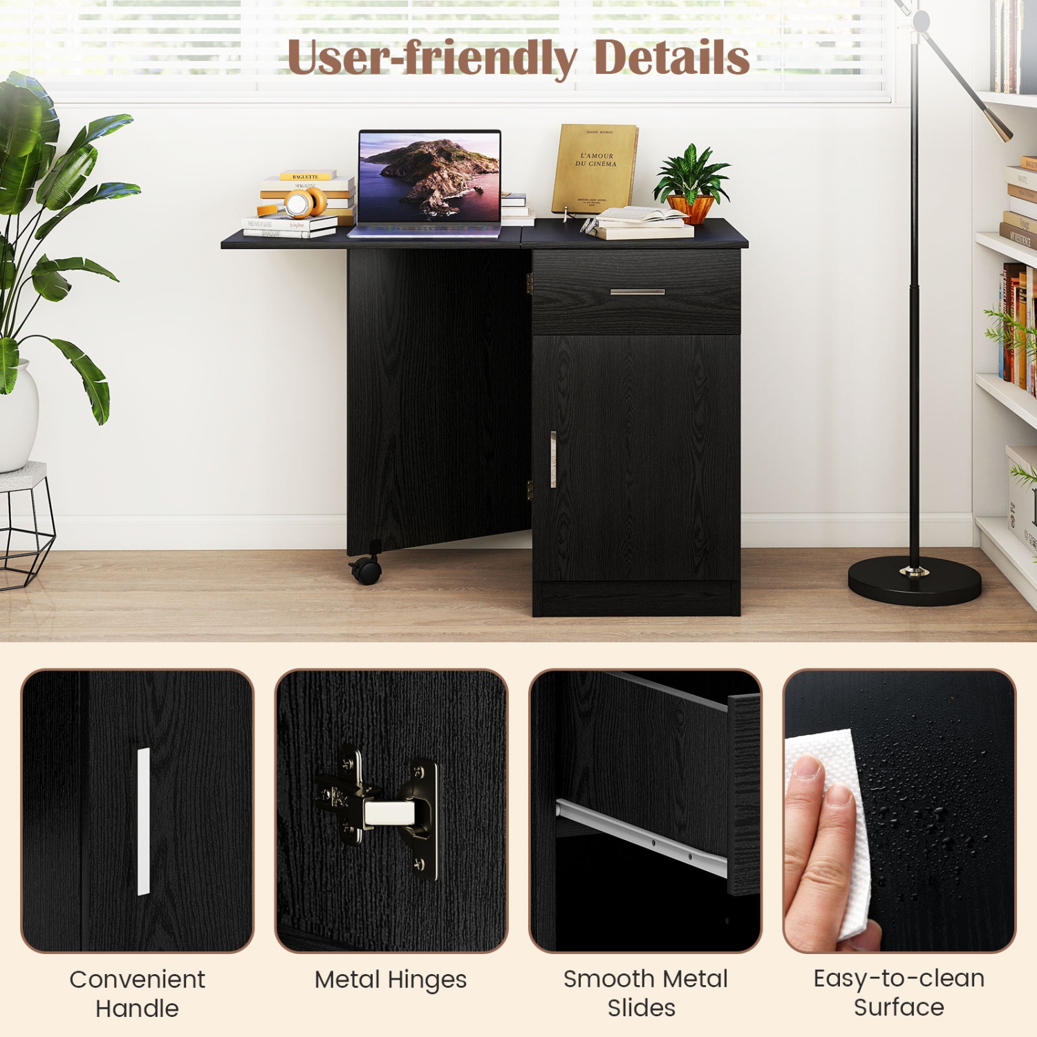 Costway Folding Computer Desk with Drawer Cabinet & Adjustable Shelf Wheel for Living Room, Black/White