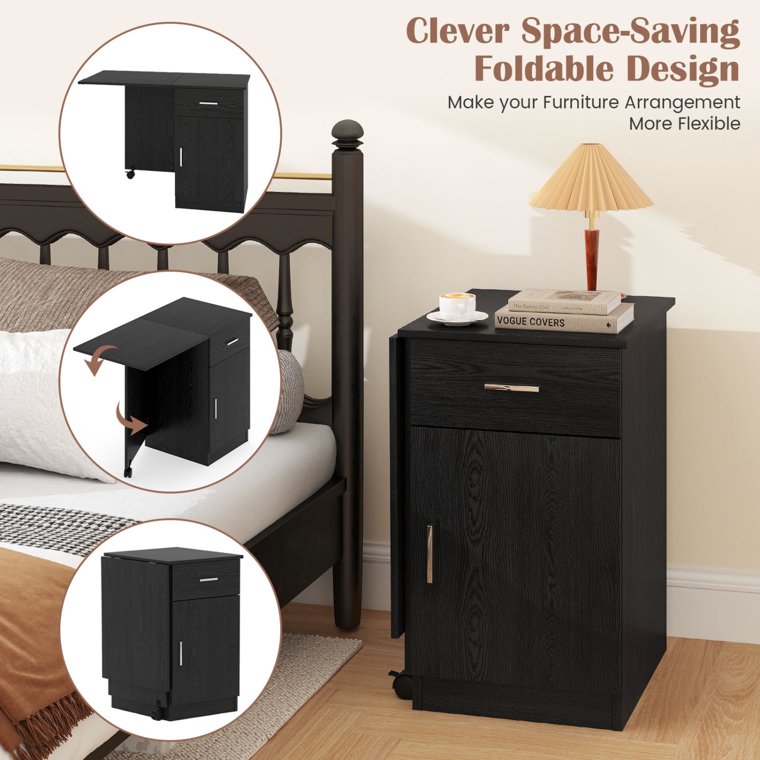 Costway Folding Computer Desk with Drawer Cabinet & Adjustable Shelf Wheel for Living Room, Black/White