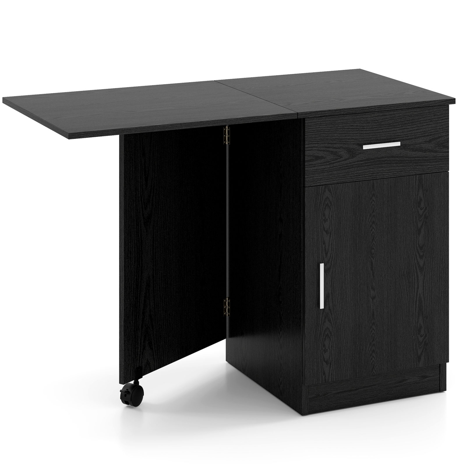 Costway Folding Computer Desk with Drawer Cabinet & Adjustable Shelf Wheel for Living Room, Black/White