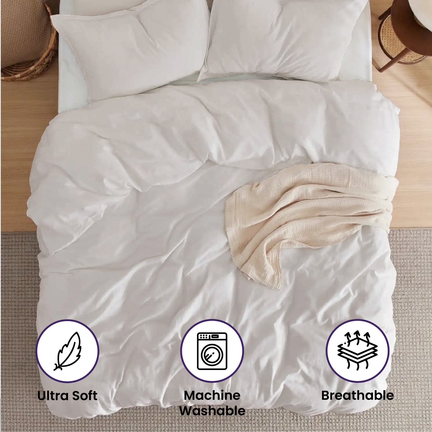 Ensemble de housse de douillette 3 pièces Beddora pour grand lit | 100 % coton – Doux, perméable à l'air et durable avec attaches aux coins Fermeture