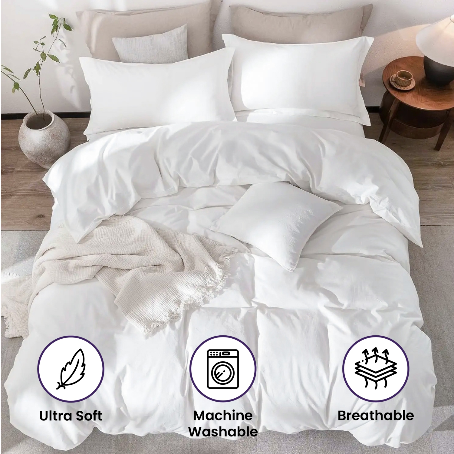 Beddora 3-Piece King Duvet Cover Set | 100% Cotton – Soft, Breathable & Durable with Corner Ties Button Closure – White