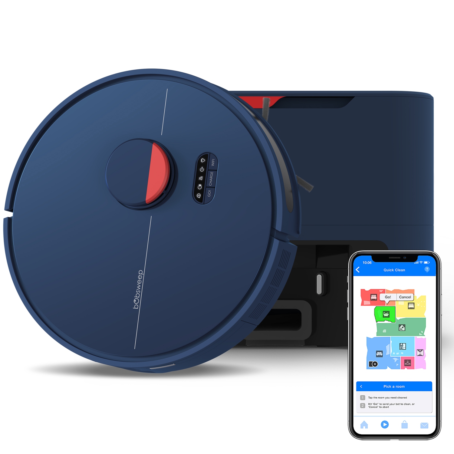 Boîte ouverte - Aspirateur robot et vadrouille à vidage automatique Dustin de Bobsweep, garantie de -1 ans sur le thème bleu marine