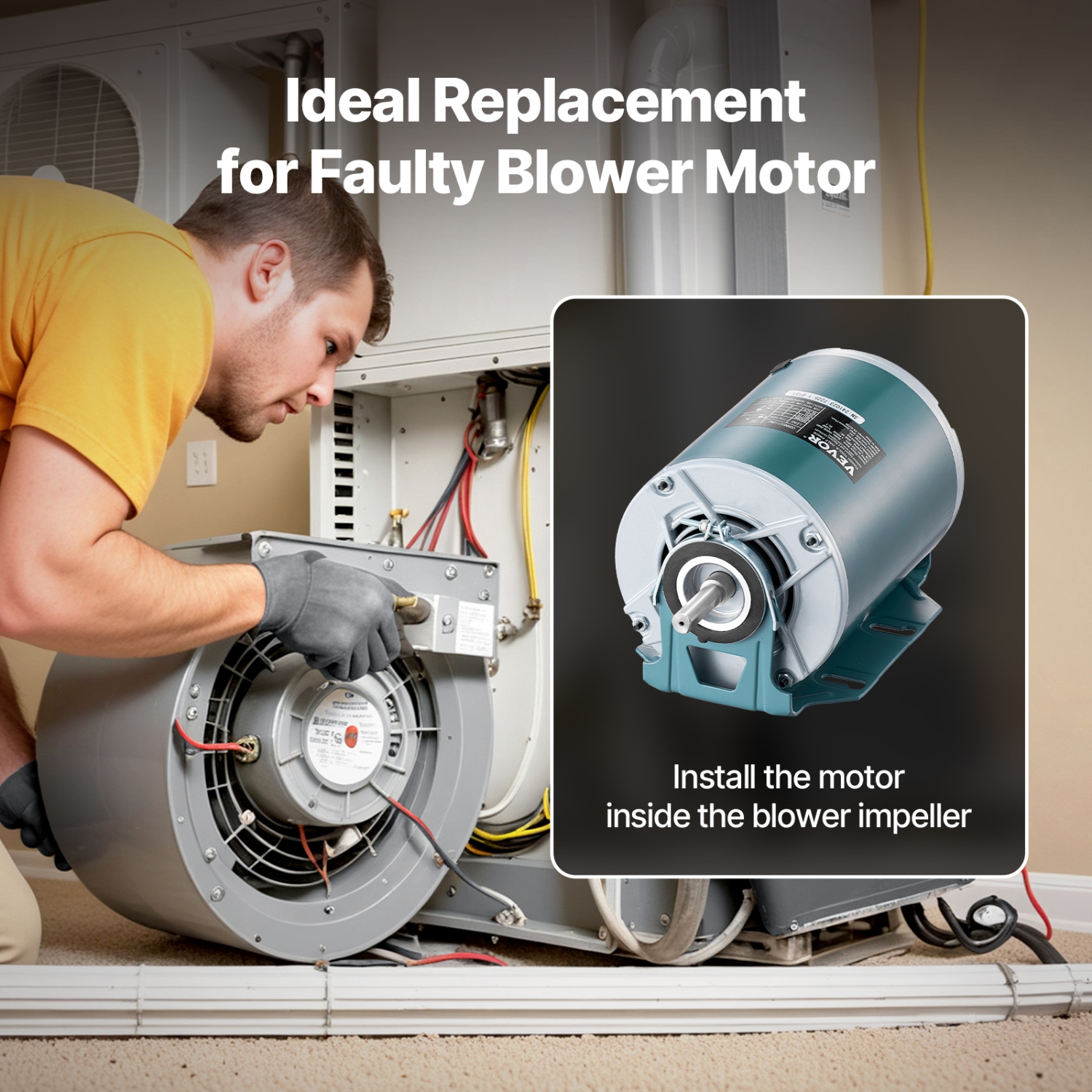 VEVOR 1/2HP Furnace Blower Motor 1720RPM, 115V 7.1A Belt Drive Blower Motor Single Phase - 0.5" Shaft Diameter, 1.6" Shaft Length, CW/CCW Rotation