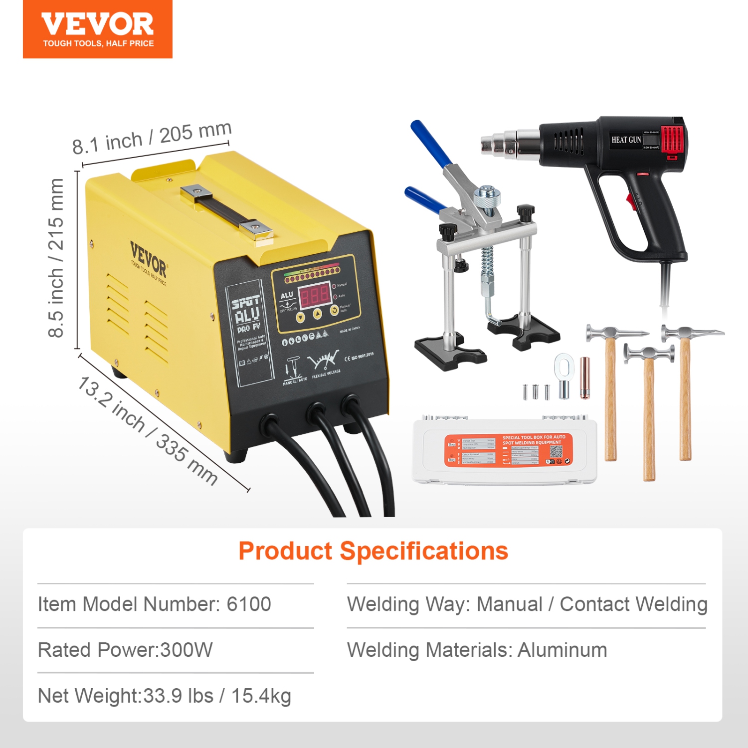 VEVOR 300W Spot Welder Dent Puller,Stud Welder Dent Repair Kit with Heat Gun, Auto/Manual Mode, 110V Auto Body Spot Welding Dent Repair Machine for