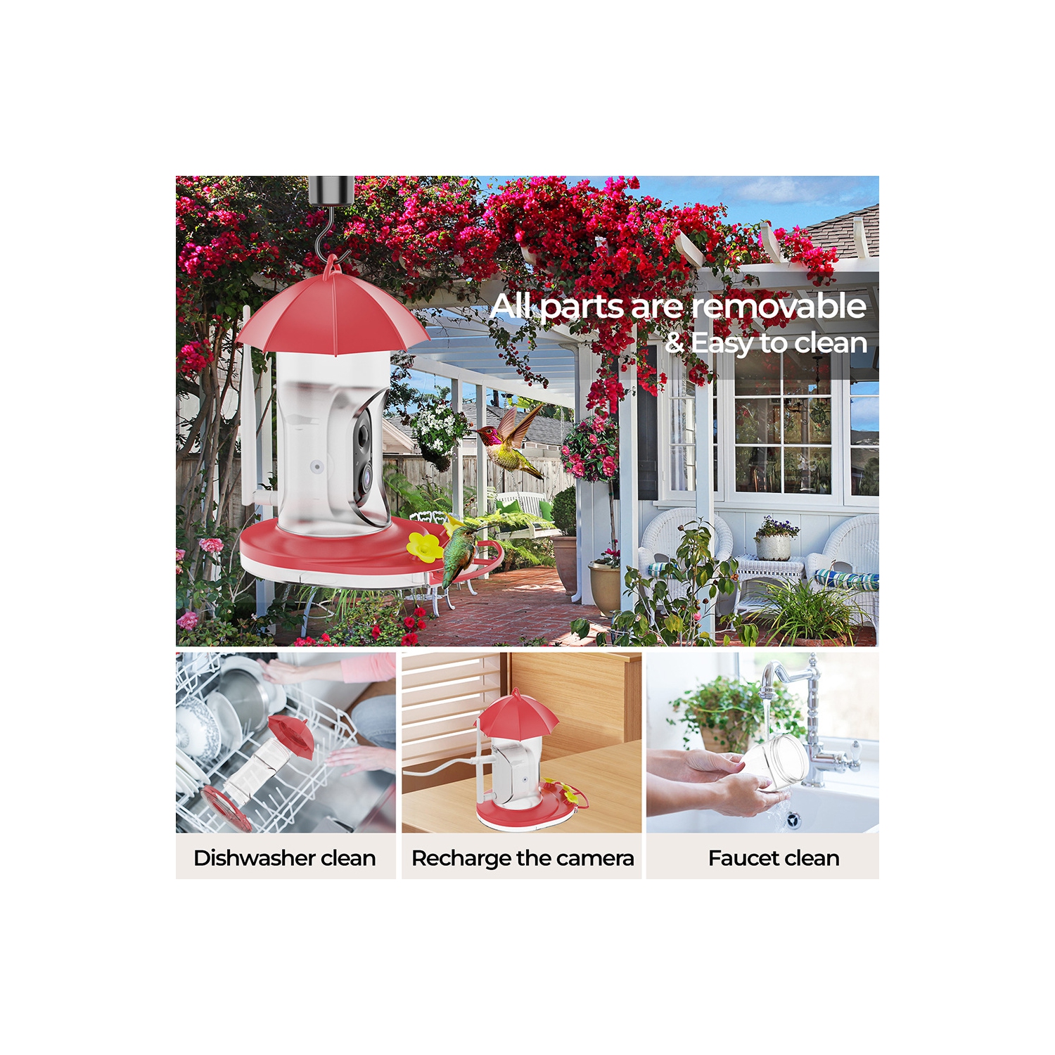 Water Feed For Birds,Smart Solar Powered Video Hummingbird Feeder, AI Bird Auto Capture Video, Ant Moat & Bee Proof, Gift for Bird Lovers