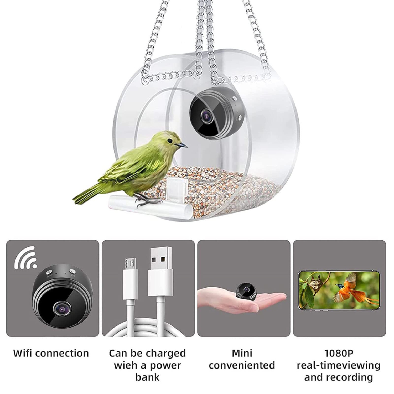 Mangeoire à oiseaux intelligente , Maison Acrylique avec caméra Home Pet Bird Feeder transparent HD Installation facile pour le jardin