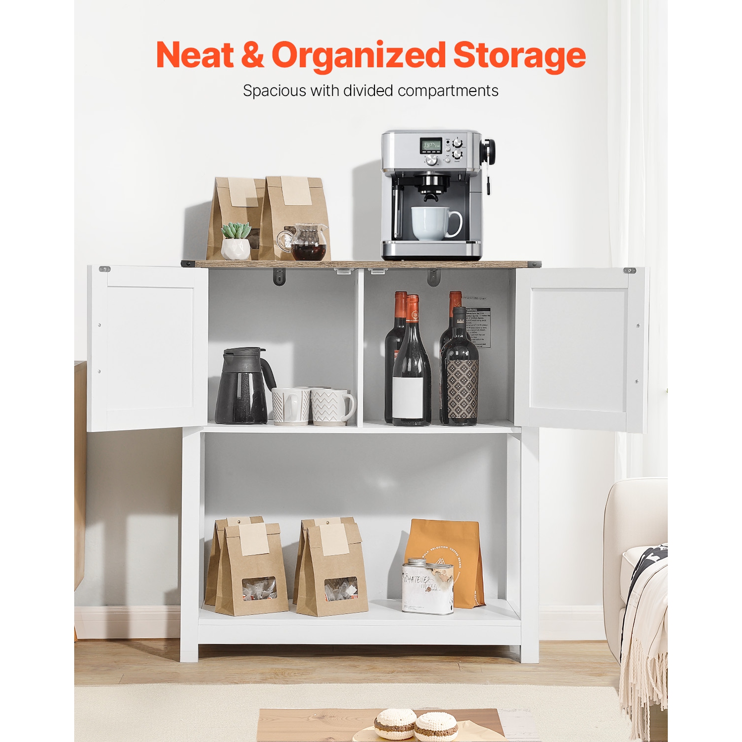 VEVOR 31.5 x 13.8 x 34.6 in Coffee Bar Cabinet, Farmhouse Coffee Bar Cabinet with 3-Tier Storage, Coffee Bar Table with Magnet Doors, Farmhouse