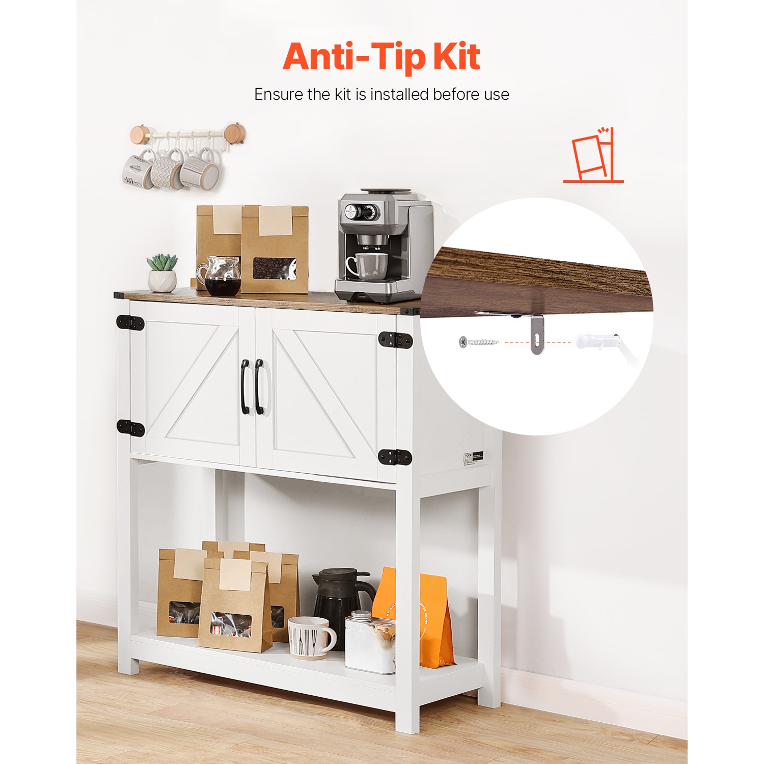 VEVOR 31.5 x 13.8 x 34.6 in Coffee Bar Cabinet, Farmhouse Coffee Bar Cabinet with 3-Tier Storage, Coffee Bar Table with Magnet Doors, Farmhouse