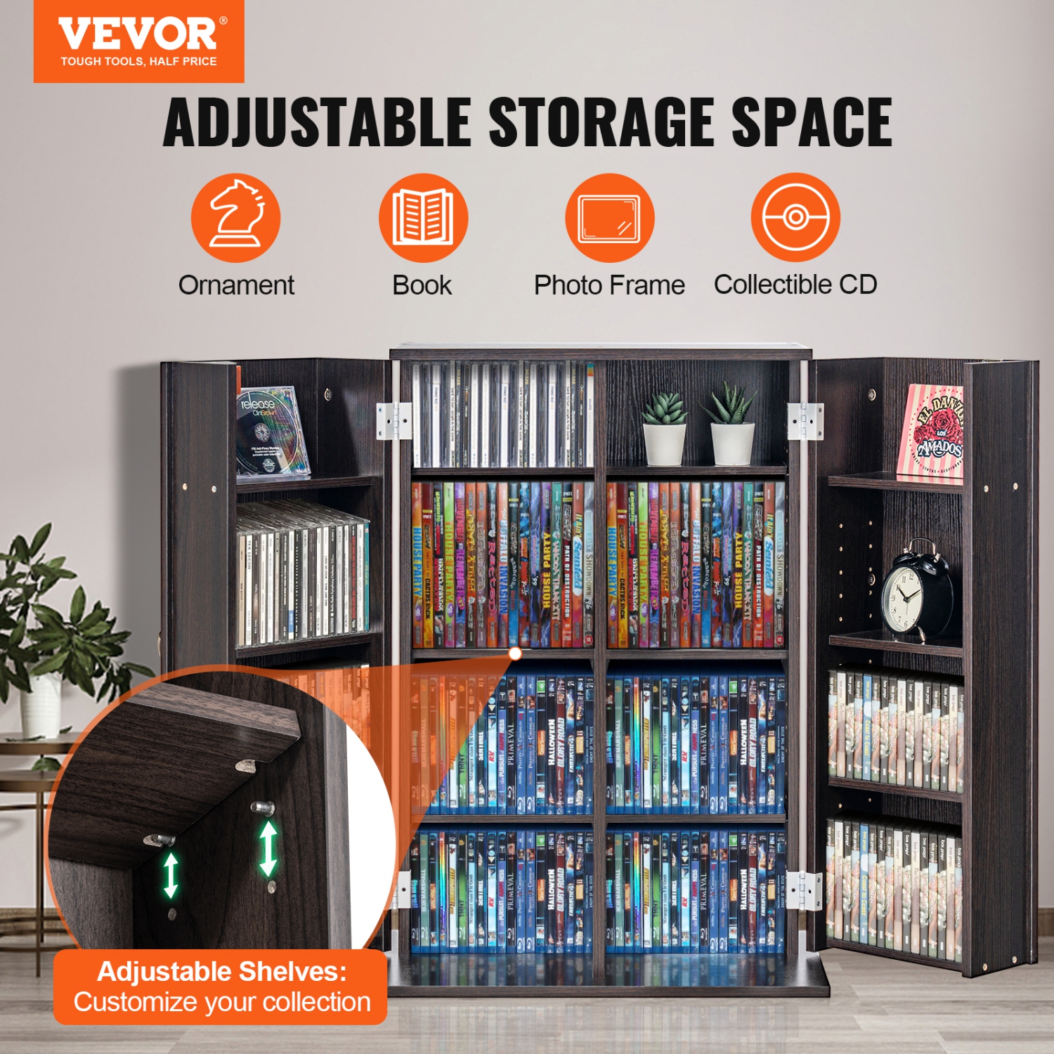 VEVOR 576 CDs Media Storage Cabinet, DVD Cabinet with Doors and Shelves, CD Storage , Adjustable DVD Shelf, Protects & Organizes Music, Movie, Video