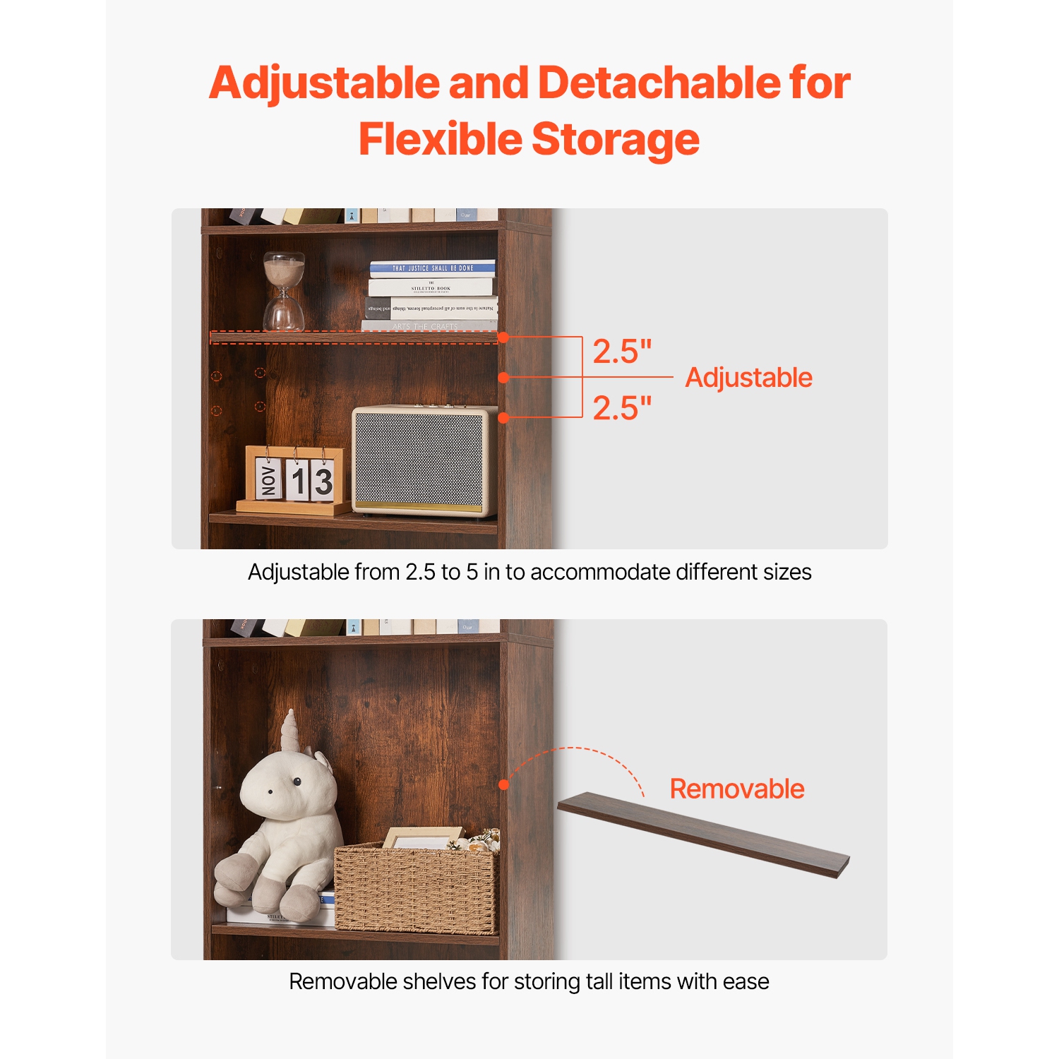 Étagère étroite VEVOR à 5 niveaux, bibliothèque ouverte en bois de 53&nbsp;po avec tablette à hauteur réglable, étagère de rangement haut présentoir