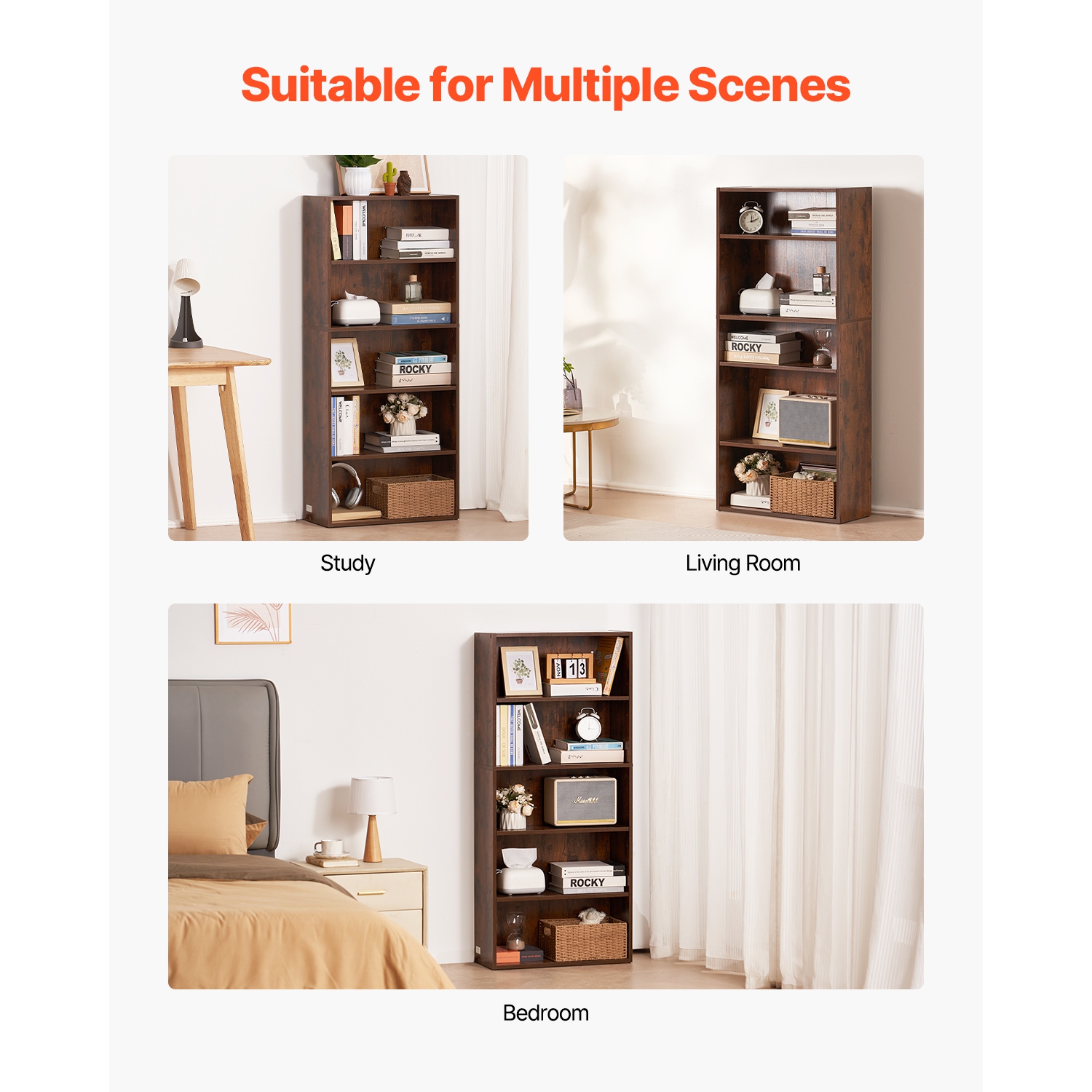 Étagère étroite VEVOR à 5 niveaux, bibliothèque ouverte en bois de 53&nbsp;po avec tablette à hauteur réglable, étagère de rangement haut présentoir