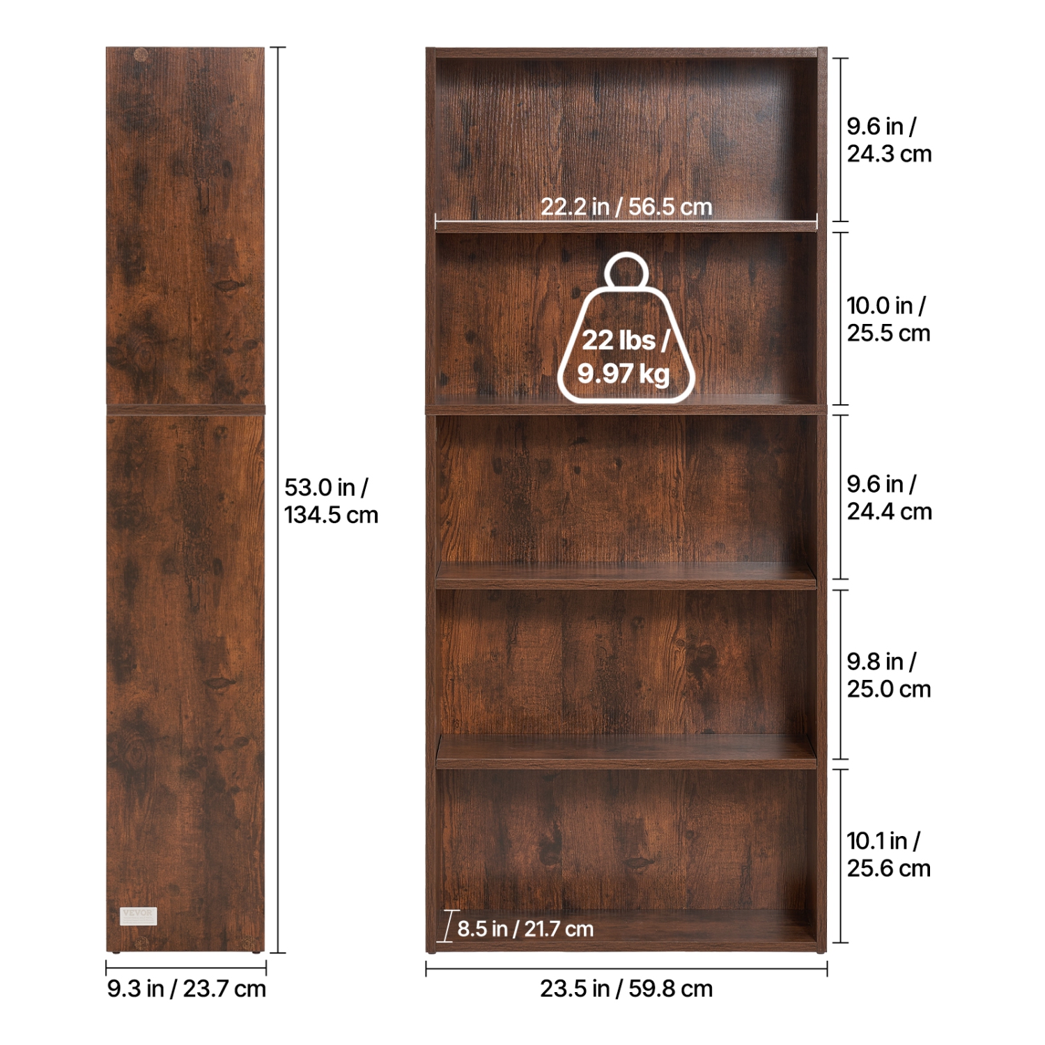Étagère étroite VEVOR à 5 niveaux, bibliothèque ouverte en bois de 53&nbsp;po avec tablette à hauteur réglable, étagère de rangement haut présentoir